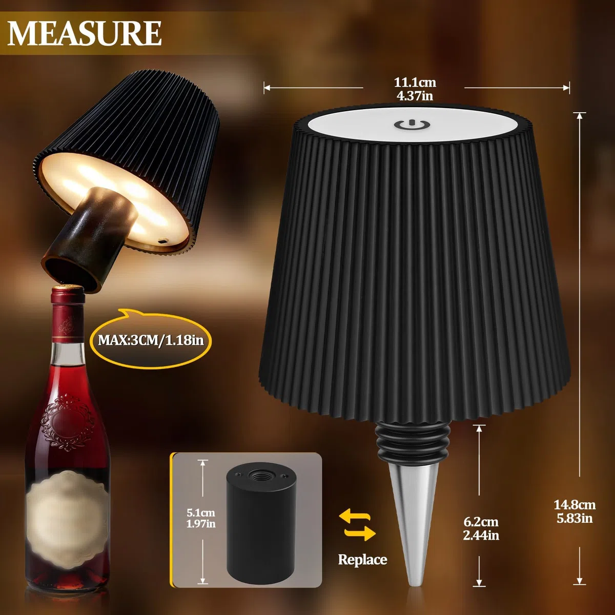 Lampada A Bottiglia Senza Fili, 3 Modalità Regolabili Di Temperatura Colore, Touch, Grado Di Protezione IP54, Ricarica Wireless USB, Lampada Tavolo Per Ristoranti, Camera Da Letto, Giardino (Nero)