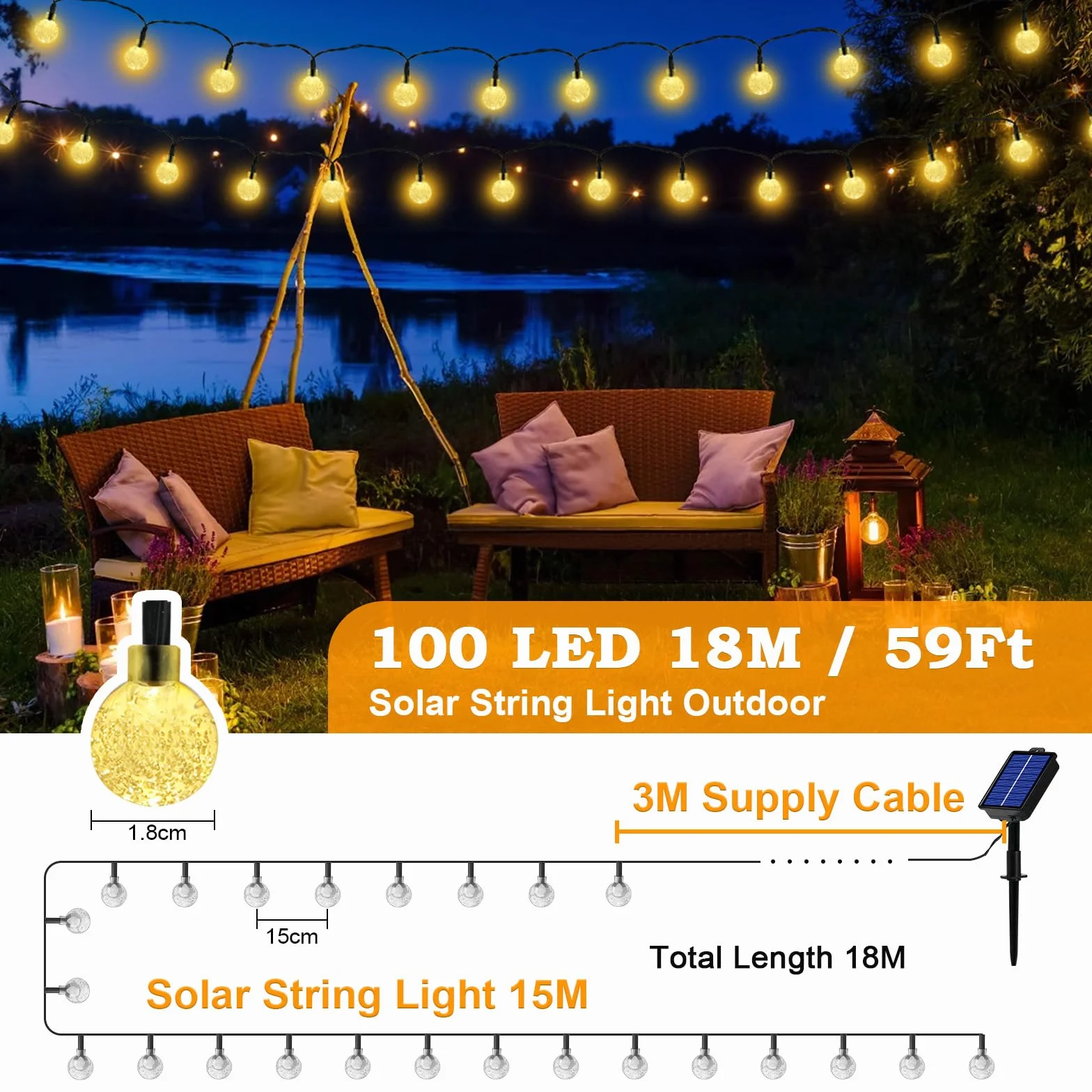 Realky Catena Luminosa Solare da Esterno 100 LED 18m, Luci Solari da Giardino con 8 Modalità e Funzione Memoria, IP65 Impermeabile, Luci Decorative per Terrazzo, Balcone, Gazebo, Festa (Bianco Caldo)