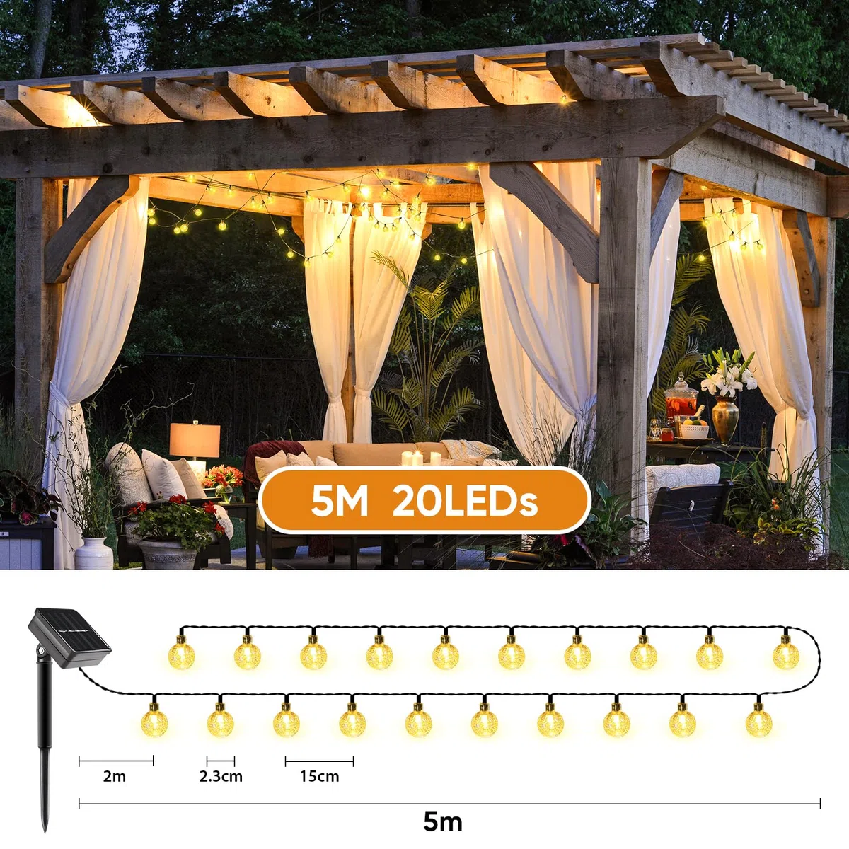 SALCAR Catene luminose LED 5 metri solare catena leggera include 20 palline illuminazione decorativa per le celebrazioni della festa di Natale (bianco caldo)