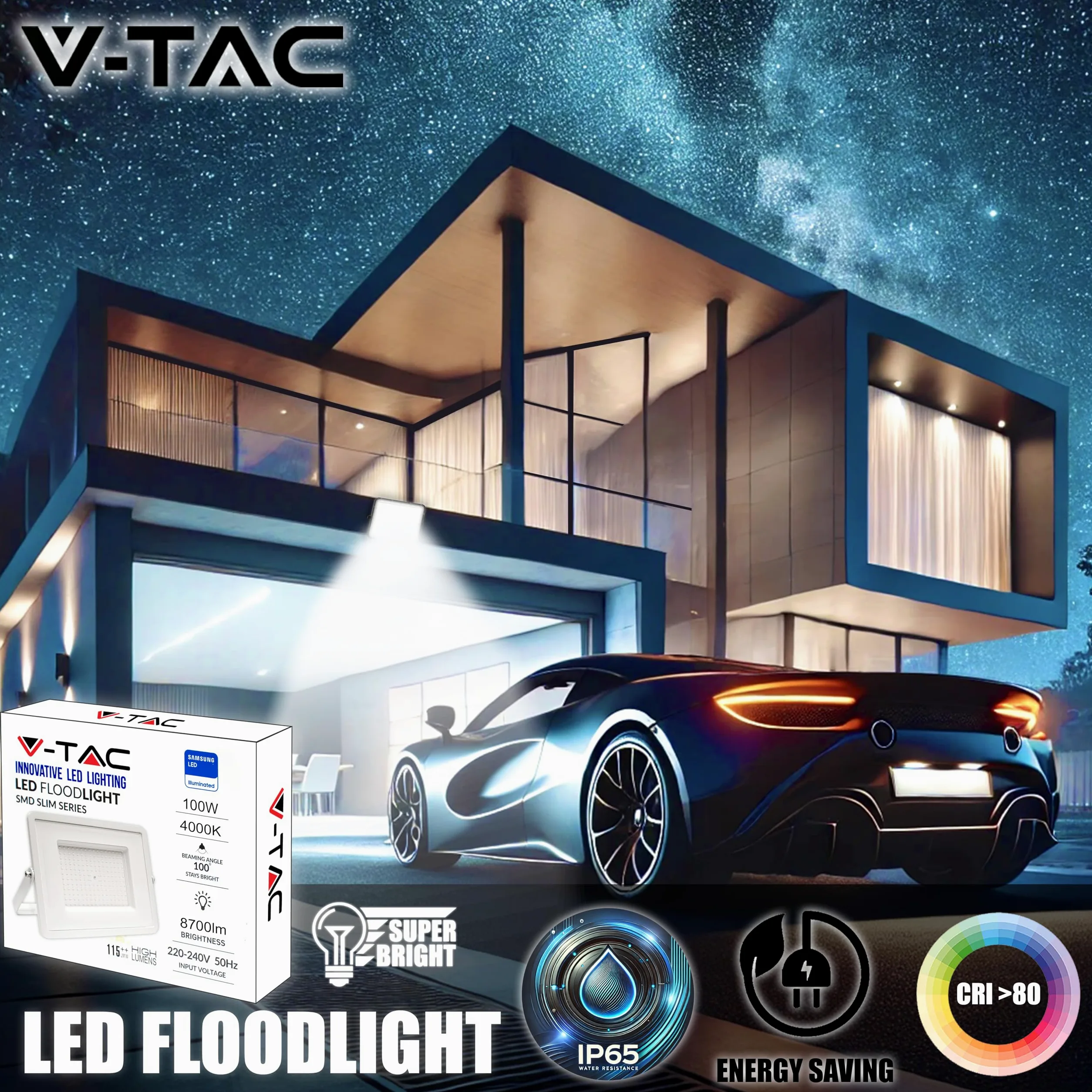 V-TAC Faro LED da Esterno Bianco 100W - [Chip Samsung - Alte Perfomance, Bassi Consumi] - 8700 Lumen - IP65 - Proiettore Faretto LED Nero per Casa, Giardino, Garage - Impermeabile - Fari Luce Naturale
