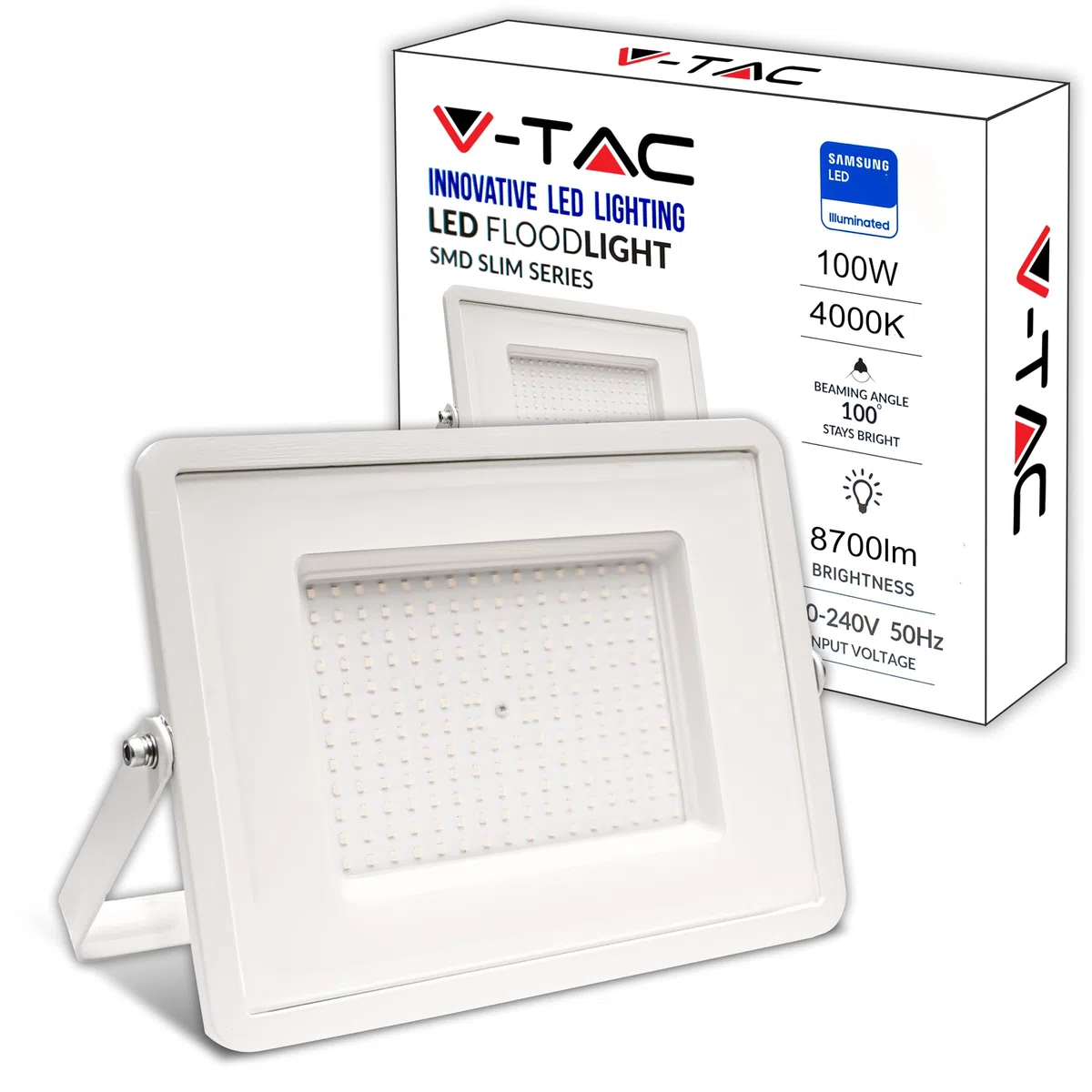 V-TAC Faro LED da Esterno Bianco 100W - [Chip Samsung - Alte Perfomance, Bassi Consumi] - 8700 Lumen - IP65 - Proiettore Faretto LED Nero per Casa, Giardino, Garage - Impermeabile - Fari Luce Naturale