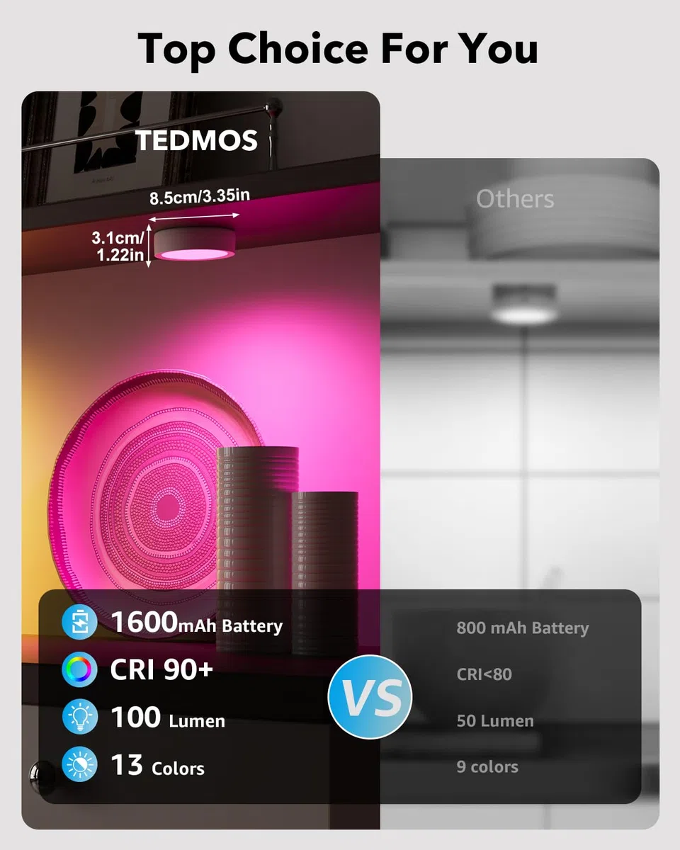 Faretto RGB a Batteria Ricaricabile con Telecomando, 2400mAh Luci Armadio Colorate Luce Vetrina Senza Fili Lampada Notturna USB Illuminazione per Sottopensile Cucina, Scale, Guardaroba, Sotto Mensola
