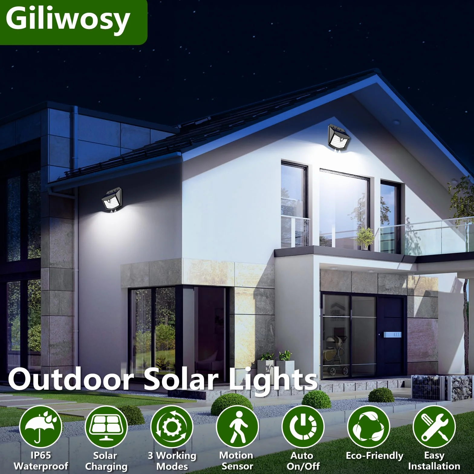Luce Solare Led Esterno, 3 Modos IP65 Impermeabile Faretto LED da Esterno con Sensore di Movimento, Lampada Solare da Esterno per Giardino, Parete, Garage (2 Pezzi Bianco Freddo)