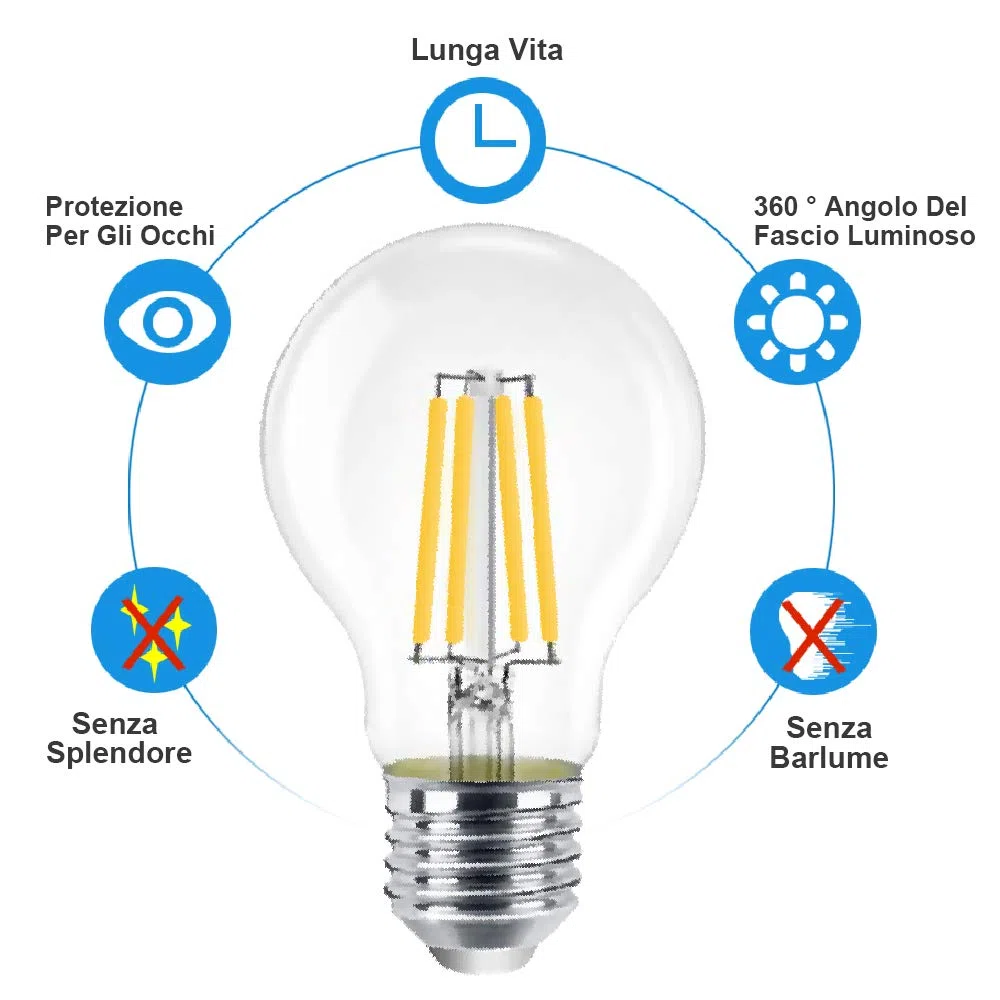 EXTRASTAR Lampadina LED E27,8W (equivalenti a 66W), 950lumen,Trasparente luce calda- Pacco da 6
