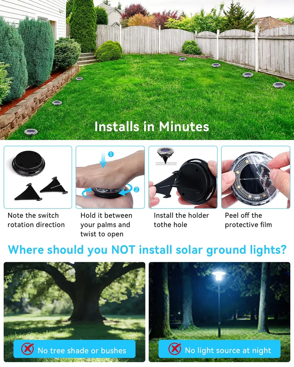 12 pezzi Luci Solari da Giardino, 8 LED Luci Solari da Incasso per Esterni Bianco Caldo 3000K, Lampade Solari da Terra IP65 Impermeabili, Luci Solari Esterno per Prato, Vialetto, Cortile
