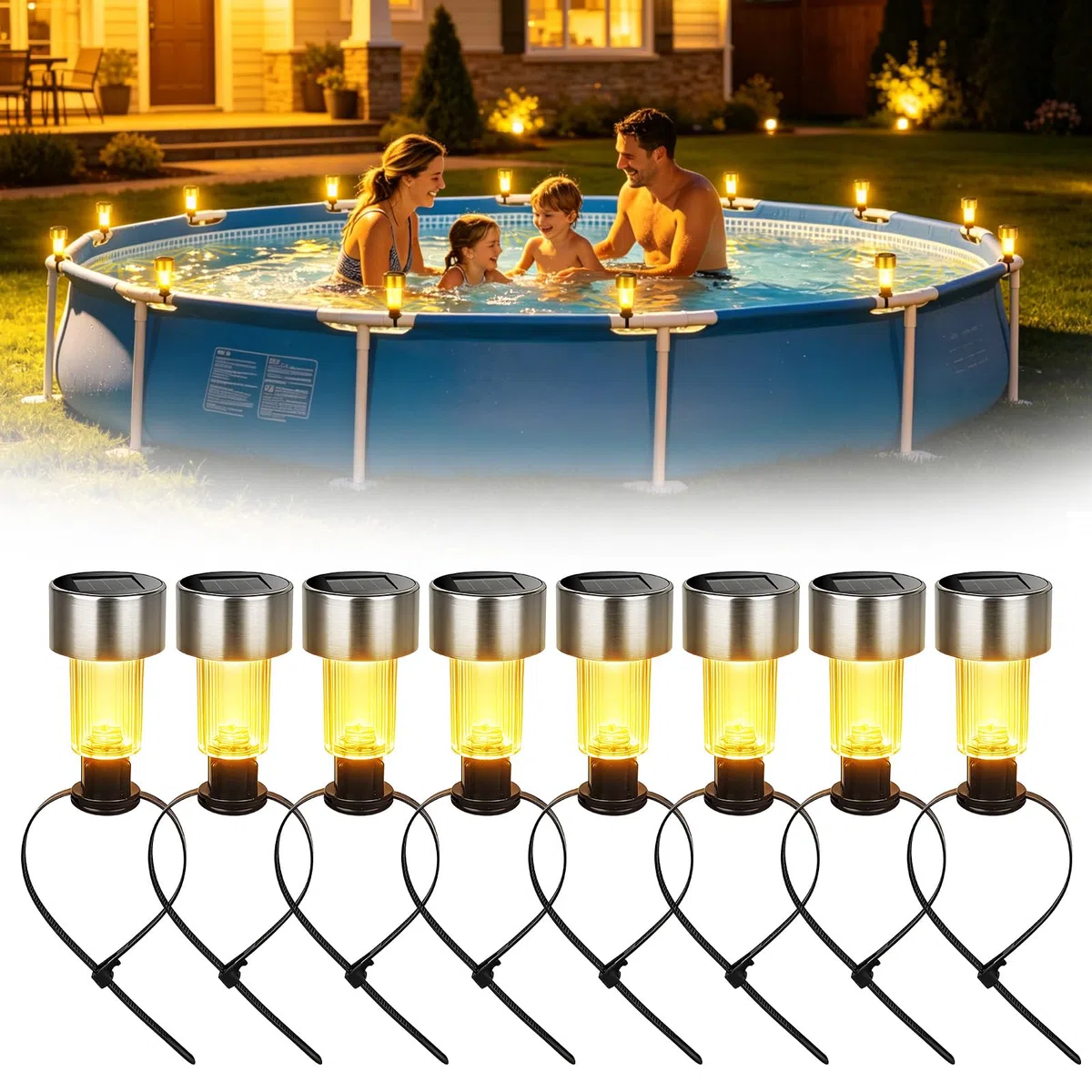 8 Pezzi Luce Solare per Piscina con Cornice, Luci Laterali della Piscina Solare, Illuminazione Solare per Laghetti, Impermeabilità IP44, per Giardino, Scale, Recinzione, Cortile, Terrazza