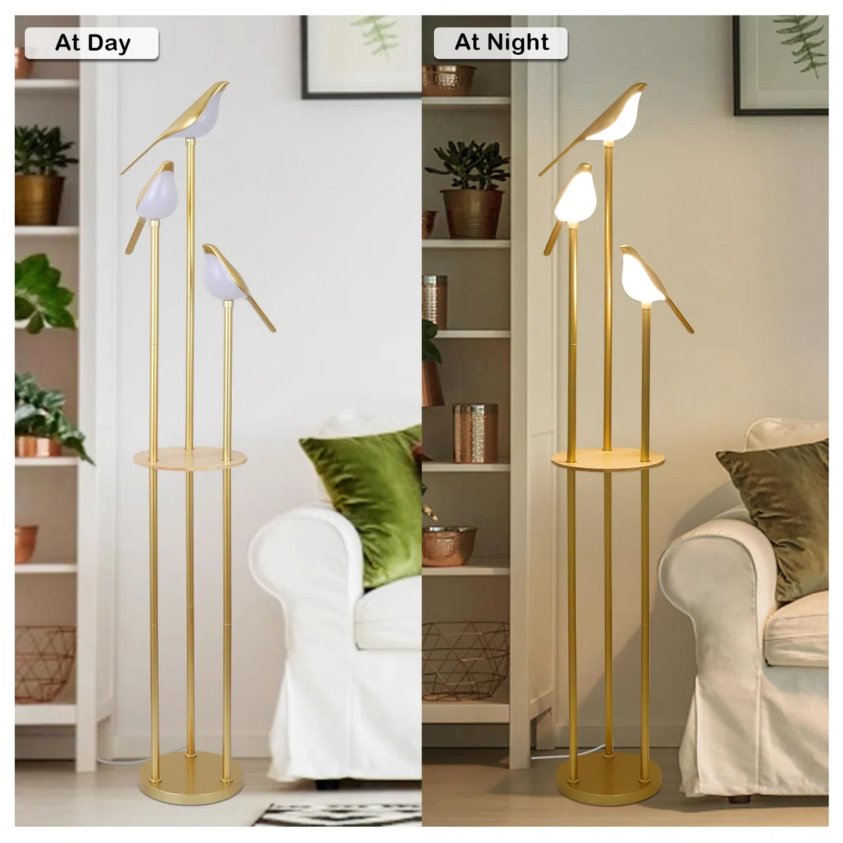 Lampada da terra dorata per soggiorno con ripiani - Lampada da terra moderna di metà secolo con 3 luci LED regolabili a forma di uccello, lampada ad angolo alto con tavolo, supporto