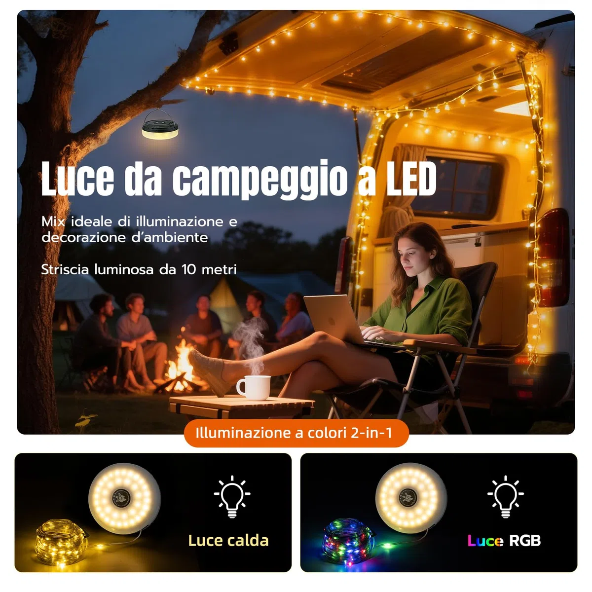 Luci da Campeggio da 10 m, luci Solari da campeggio,Luci LED Ricaricabili Portatili e Retrattili con Telecomando, 5 Modalità, Ricarica USB-C/Solare, Magnetiche, IP44, Bianco caldo, Multicolore