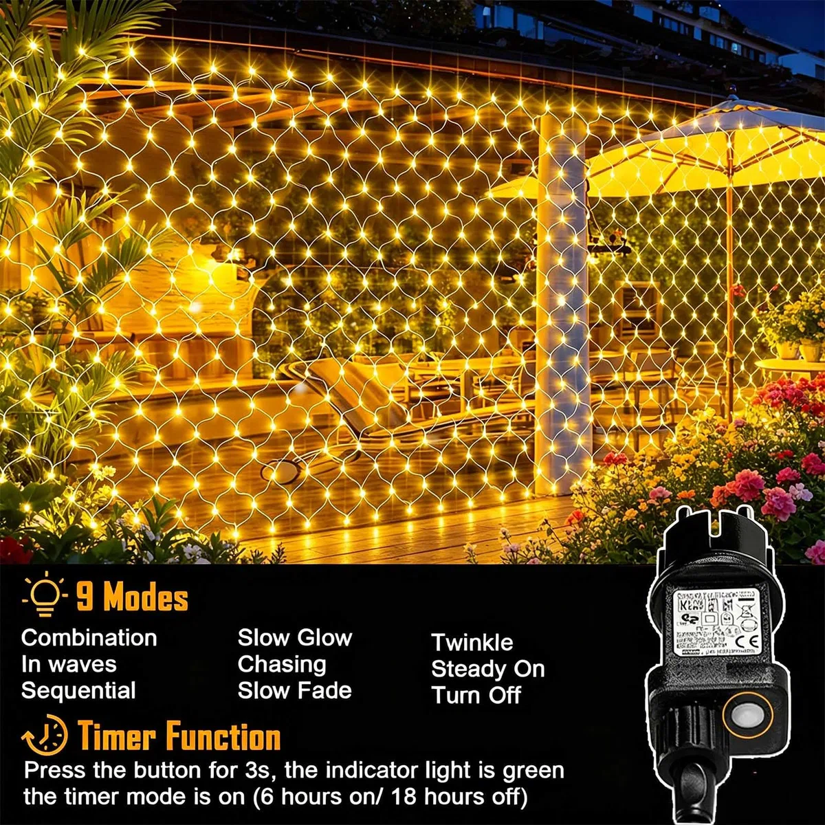 Joycome Rete Luminosa Natale Esterno 3x2M 200 LED Rete Luci con Spina, Timer, 8 Modalità Luci Albero di Natale Impermeabile Tenda Luminosa per Balcone Giardino Soffitto Terrazza - Bianco Caldo