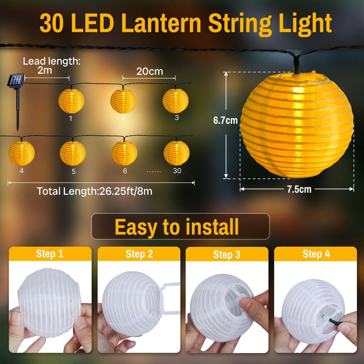 Catena Luminosa Esterno Solare Lanterne, 8M 30LED Luci Solari Esterno Lanterne, 8 Modalità IP65 Impermeabile Decorative Stringa di Luci per Giardino, Balcone, Patio, Natale, Festa (Bianco Caldo)