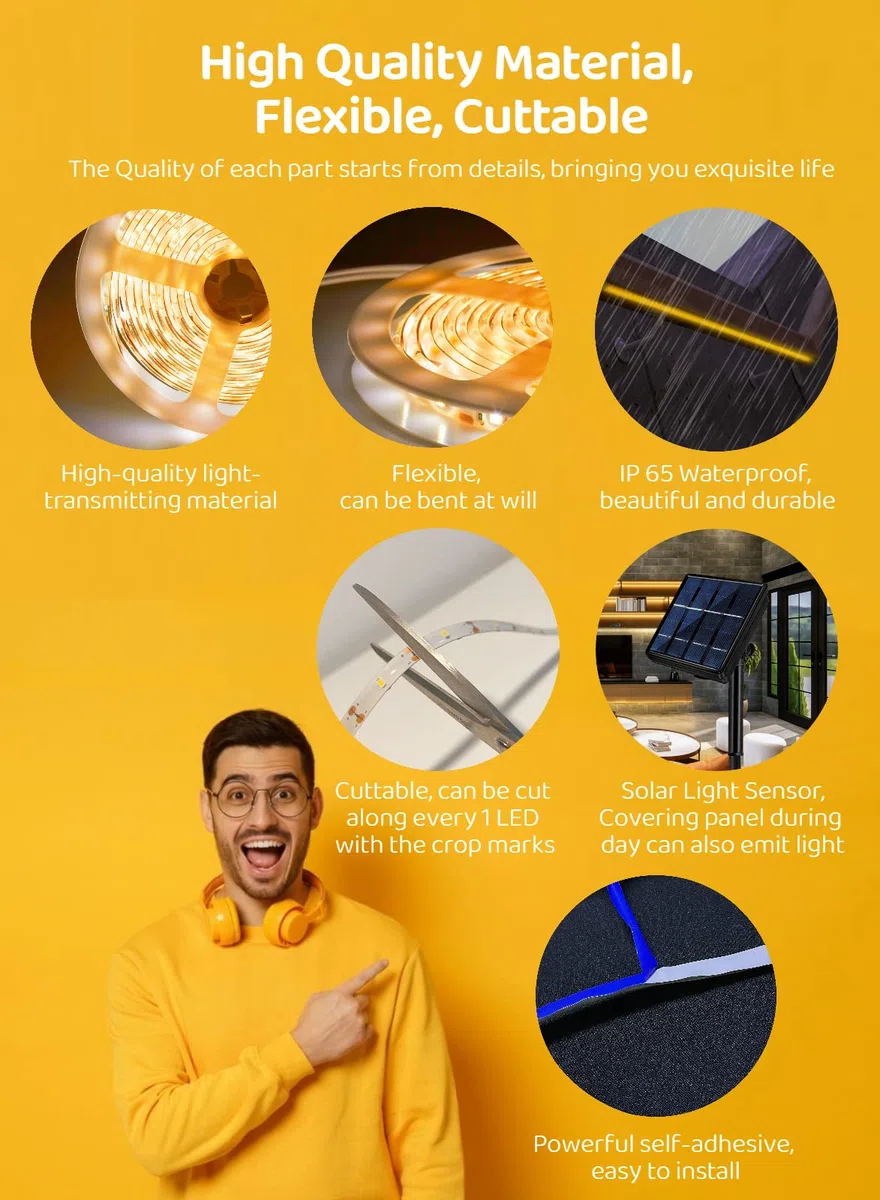 Striscia LED Solare da Esterno 5m, Bianco Caldo 2700K Nastri LED Solare per Esterni Autoadesivo con Telecomando, 320 LED, Dimmerabile, 8 Modalità, IP65 Impermeabile, per Giardino, Garage