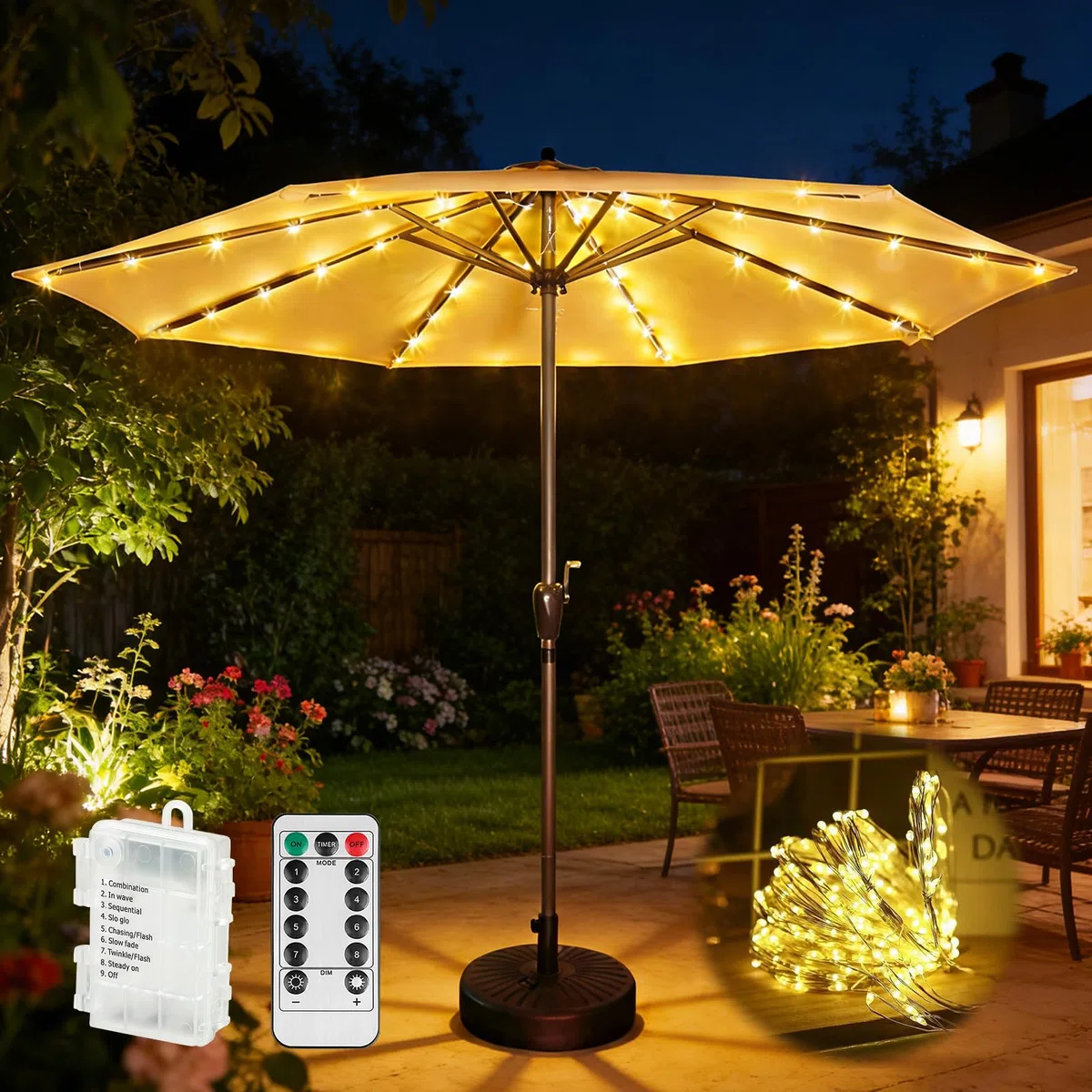 Catena Luminosa Per Ombrellone,Luci Per Ombrelloni Da Esterno Con Telecomando,Llluminazione Per Ombrellone,Catena Di Luci Per Ombrellone Per Uso Esterno,Patio,10 LED, 8 Modalità,Impermeabile IP67