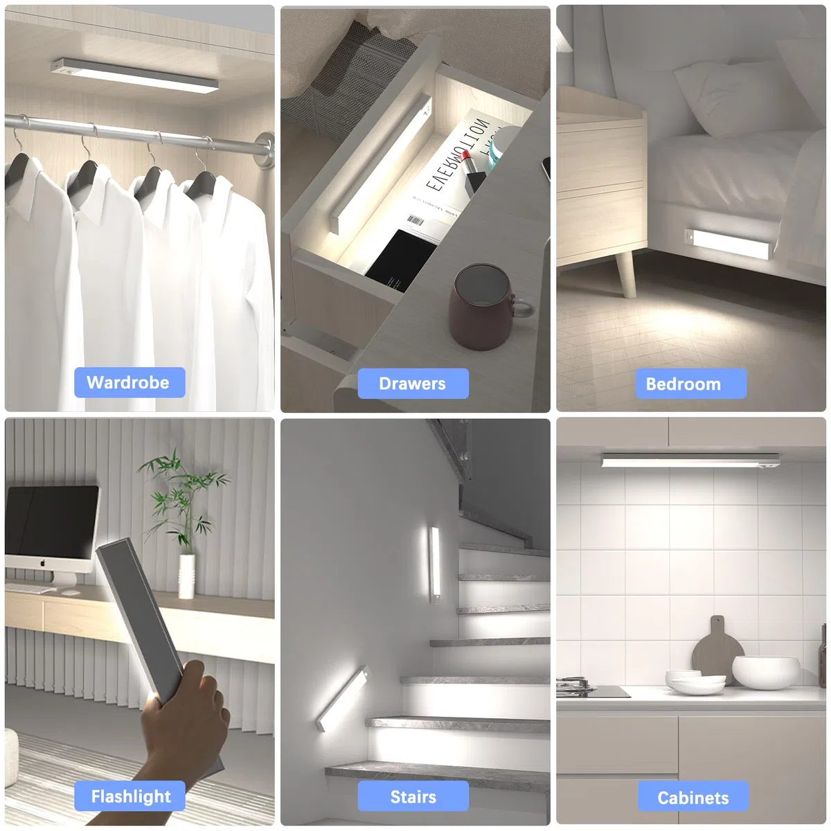 Luce Armadio LED con Sensore di Movimento, 4 Modalità Luce Sottopensile Cucina, USB Lampada LED Ricaricabile, Senza Fili Luci Notturna per Armadio Cucina Scale Corridoio Garage