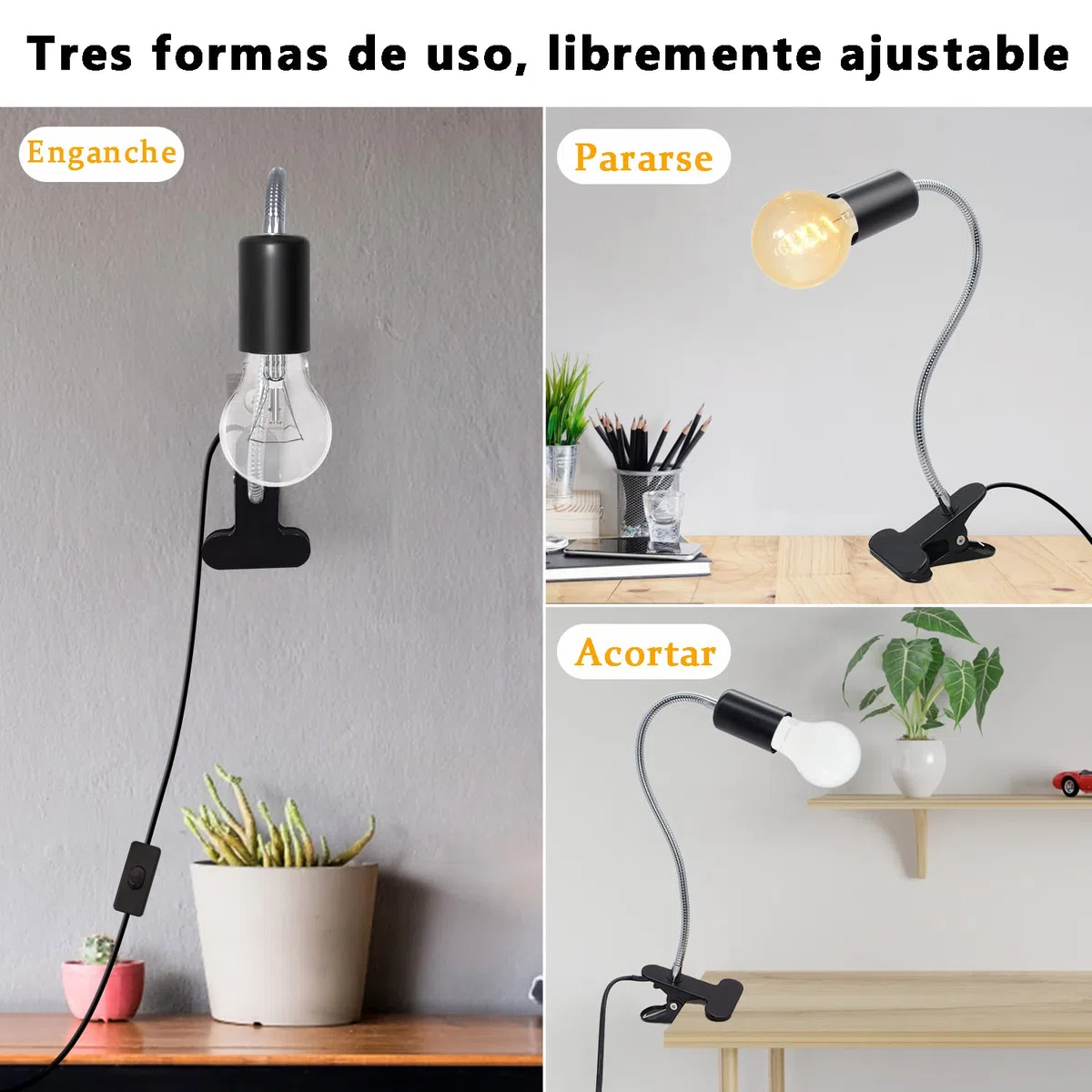 Portalampada E27 con Pinza Regolabile Lampada a Collo di Cigno Clip Portalampada E27 Clip con 220cm Cavo Lungo e EU Plug Lampada da Piante Con Interruttore per Lampada da Tavolo a LED