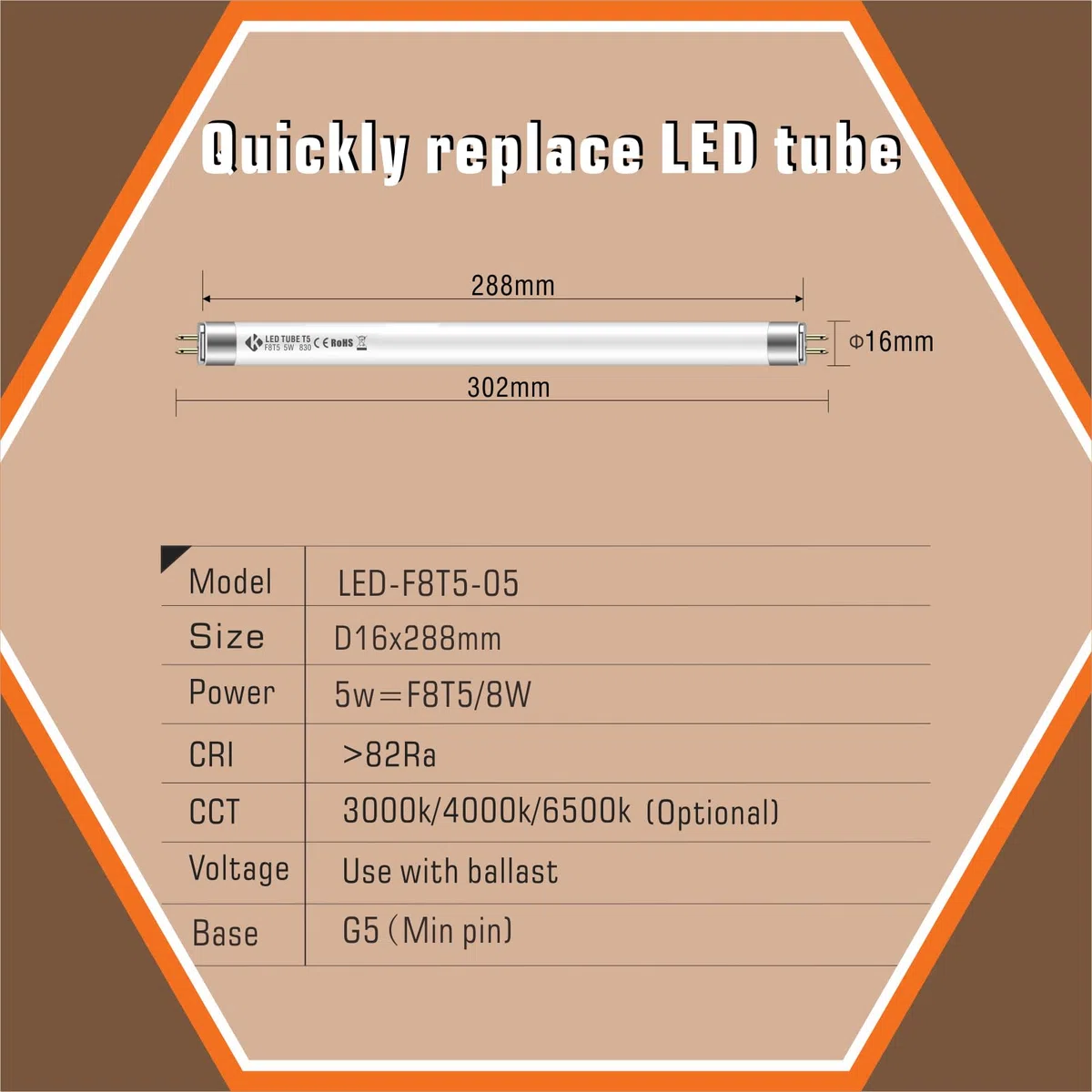 Tubo LED Plug & Play T5 da 30,5 cm, 288 mm, 5 W, 3000 K, 680 lm, funziona con alimentatori ECG/CCG e sostituisce tubo fluorescente da 30 cm T5 8 W, adatto per cucine, illuminazione di emergenza