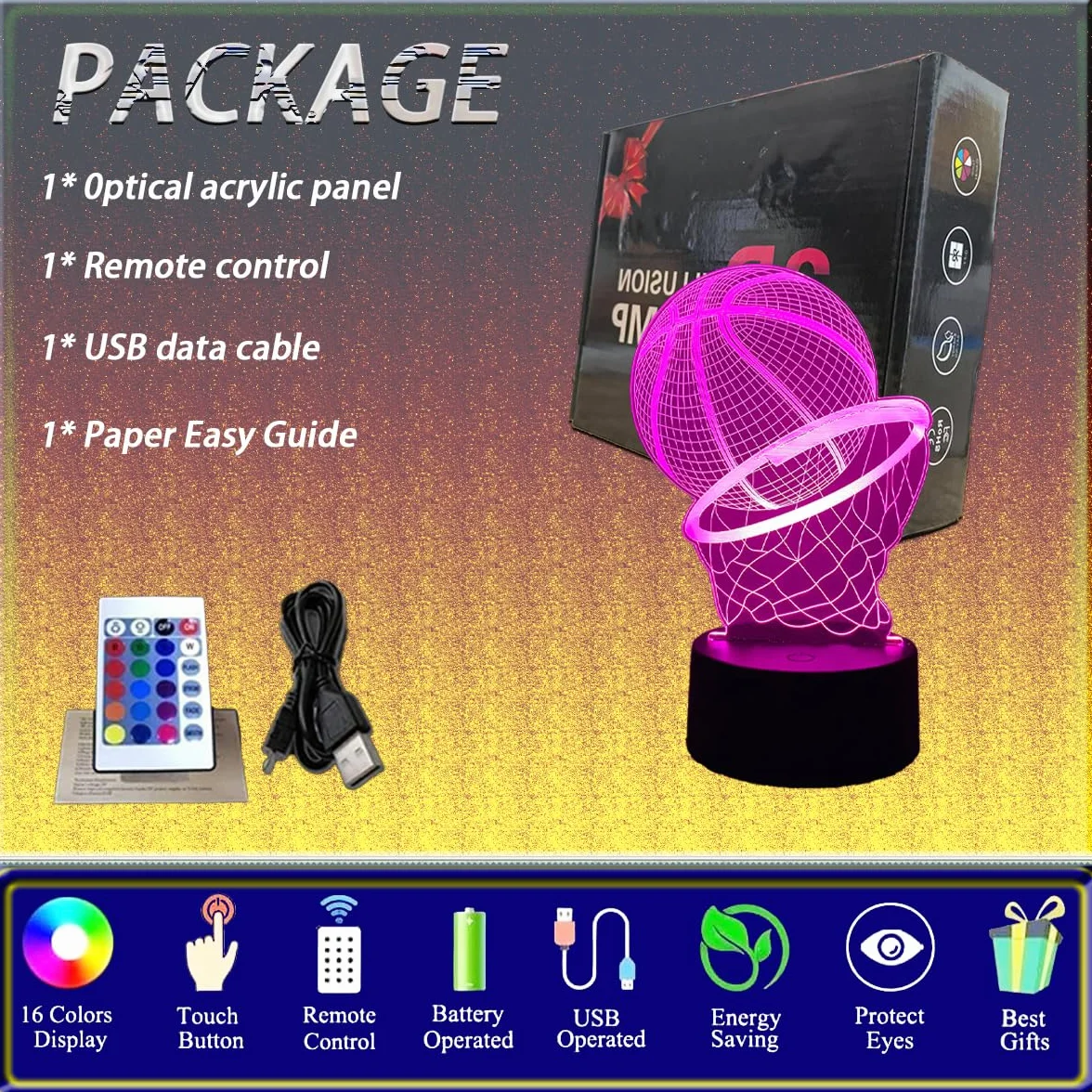 3D Lampada Pallacanestro, Luce Notturna pallacanestro per Bambini, Lampada da basket 3D, Luce Notturna Vision Dimmerabile con Telecomando a 16 Colori, Regalo a Sorpresa per i Bambini