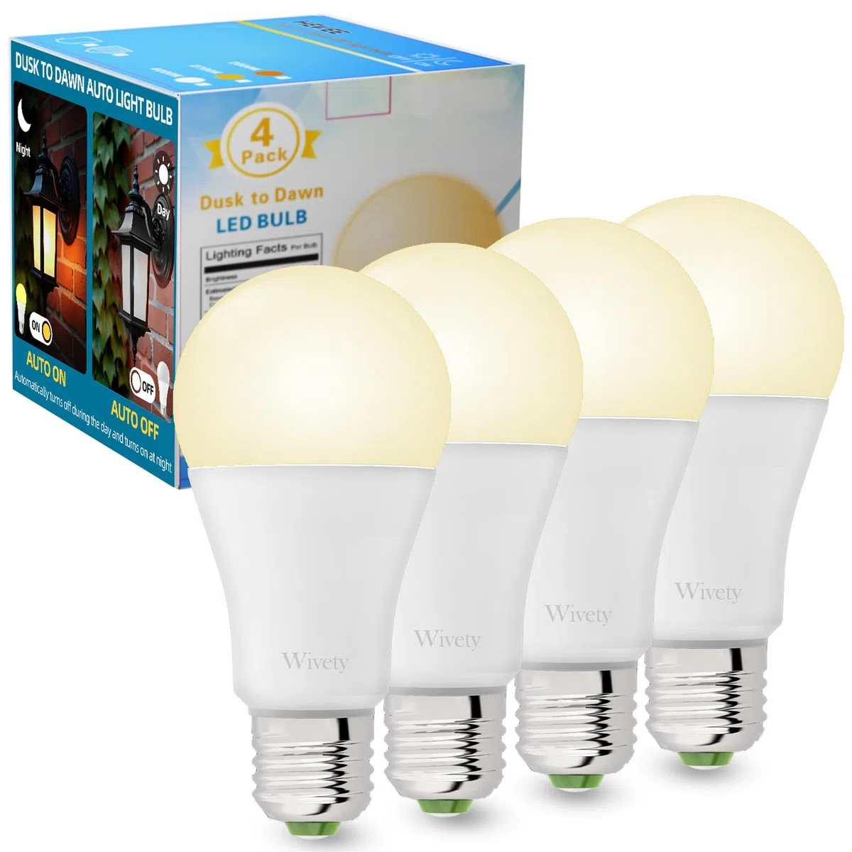Lampadina LED E27 luce Calda con Sensore Crepuscolare, Bianca Calda 2700K 10W(70W Equivalent), 900 Lumen, Non-Dimmable, On/Off Automatica Lampadine LED per Portico, Garages, Giardino(4 Pezzi)