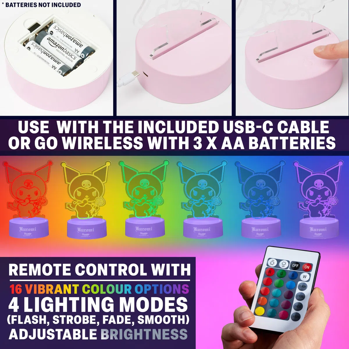 Get Trend Kuromi Sanrio LED Luce Notturna, Lampada da Comodino con Luminosità Regolabile, USB Alimentato a Batteria, 16 Colori e 4 Modalità (Multi Kuromi)
