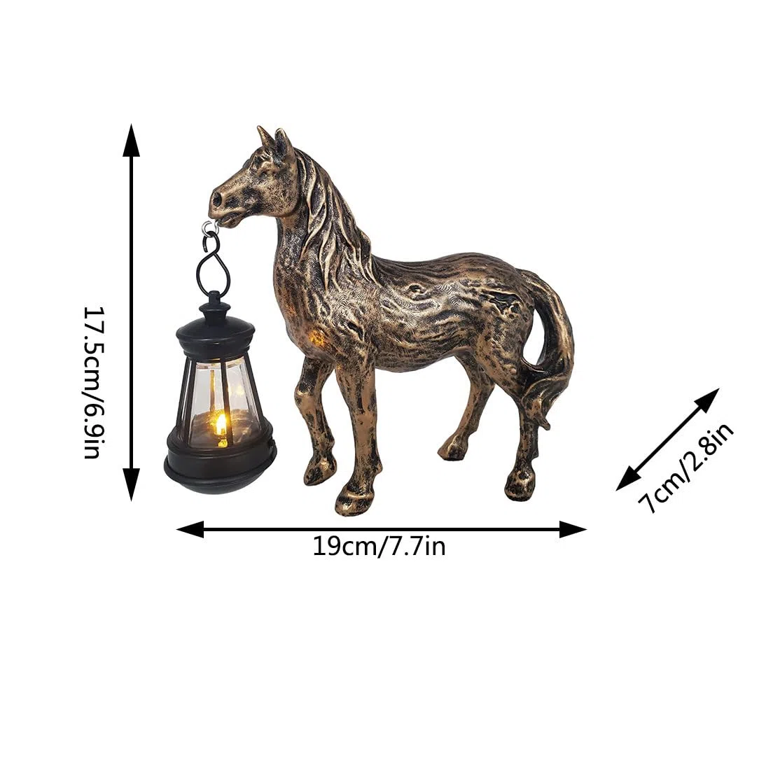 Solare antico bronzo lanterna del cavallo, decorazione giardino resina carino retro cavallo luce animale, tramonto senza fili all'alba luce LED impermeabile.