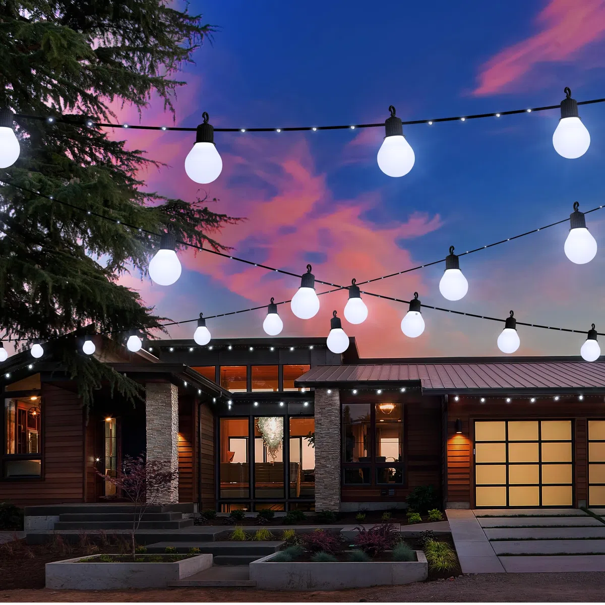 Catena Luminosa Esterno Solari con 20 G40 Lampadine, 10M 100 LED Luci Esterno Solari con Telecomando, Impermeabile, 8 Modi, Decorative Per Giardino, Patio (Bianco Freddo)