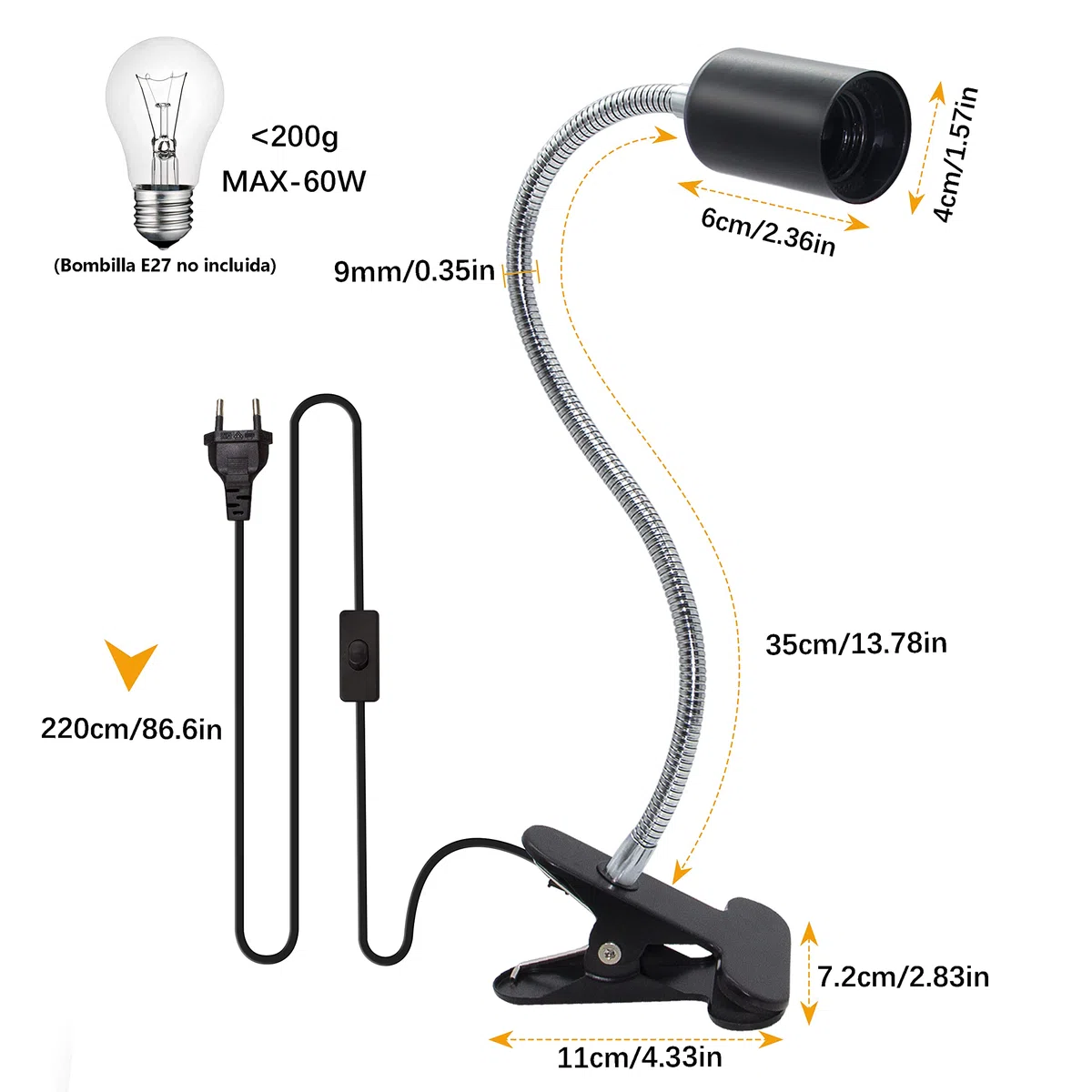 Portalampada E27 con Pinza Regolabile Lampada a Collo di Cigno Clip Portalampada E27 Clip con 220cm Cavo Lungo e EU Plug Lampada da Piante Con Interruttore per Lampada da Tavolo a LED