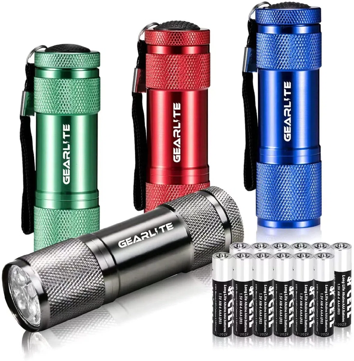 GEARLITE Mini Torcia LED, 4 Pack Alluminio Piccola Torcia Bambini con 12 Batterie AAA, IP65 Impermeabile Torce con Cordino per Campeggio Giovanile Trekking Outdoor
