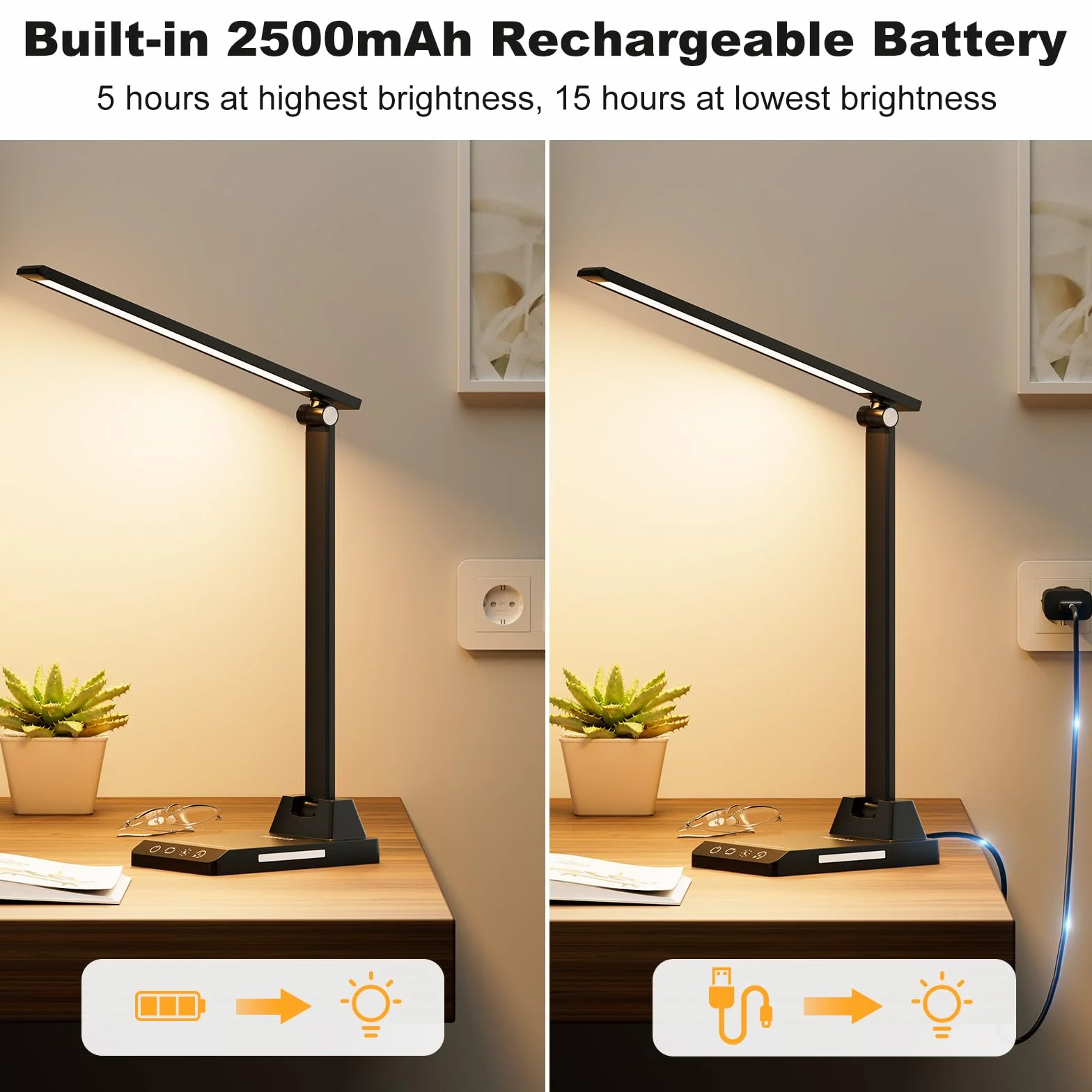 Lampada da Tavolo, Lampada da Scrivania con 2500mAh Batteria, Lampada da Tavolo Senza Fili, 5 Modalità di Luce x 10 Livelli di Luminosità, USB Lampada Scrivania, Timer 30/60min Lampada Led da Tavolo