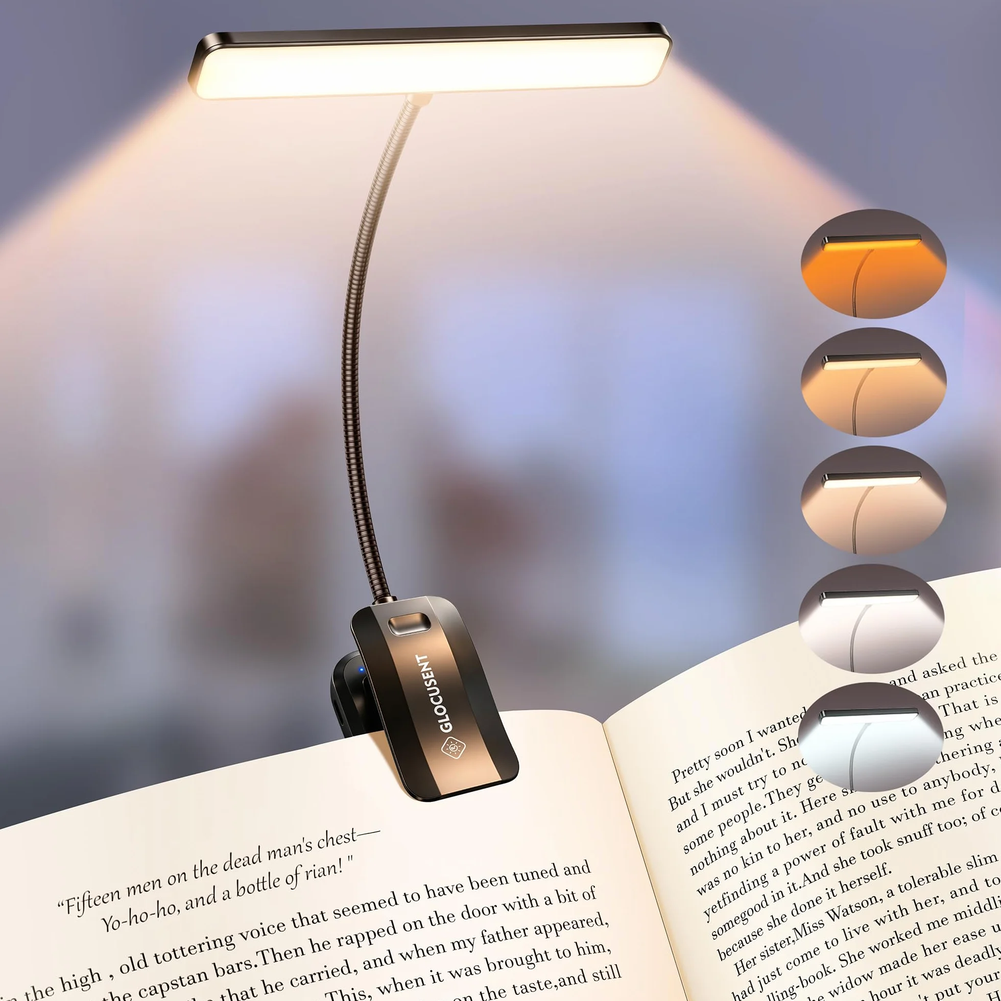 Glocusent 26 LEDs Luce per Lettura Libri a Letto, Lampada Luce da Lettura per Libro USB-C Ricaricabile con 5 Colore e 5 Luminosità, 360° Regolabile Lampada Libro per Notturna (Nero)