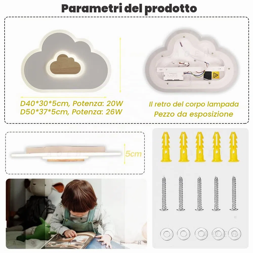 Plafoniera a LED lampada da soffitto creativo nuvole,con telecomando dimmerabile legno lampadario bambini 20W bianche moderne Plafoniera per soggiorno camera da letto camera dei bambini,40cm