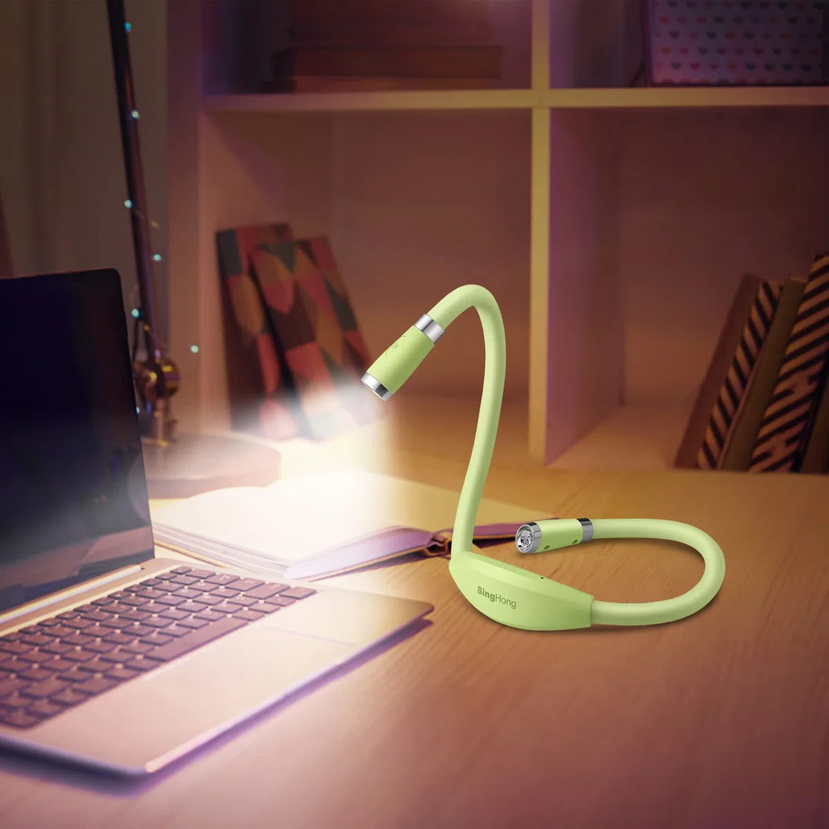 Lampada da lettura a LED a libro con luce USB ricaricabile, vivavoce, 4 lampadine a LED, 4 luminosità regolabile, per la lettura a letto o la lettura in auto (Verde)