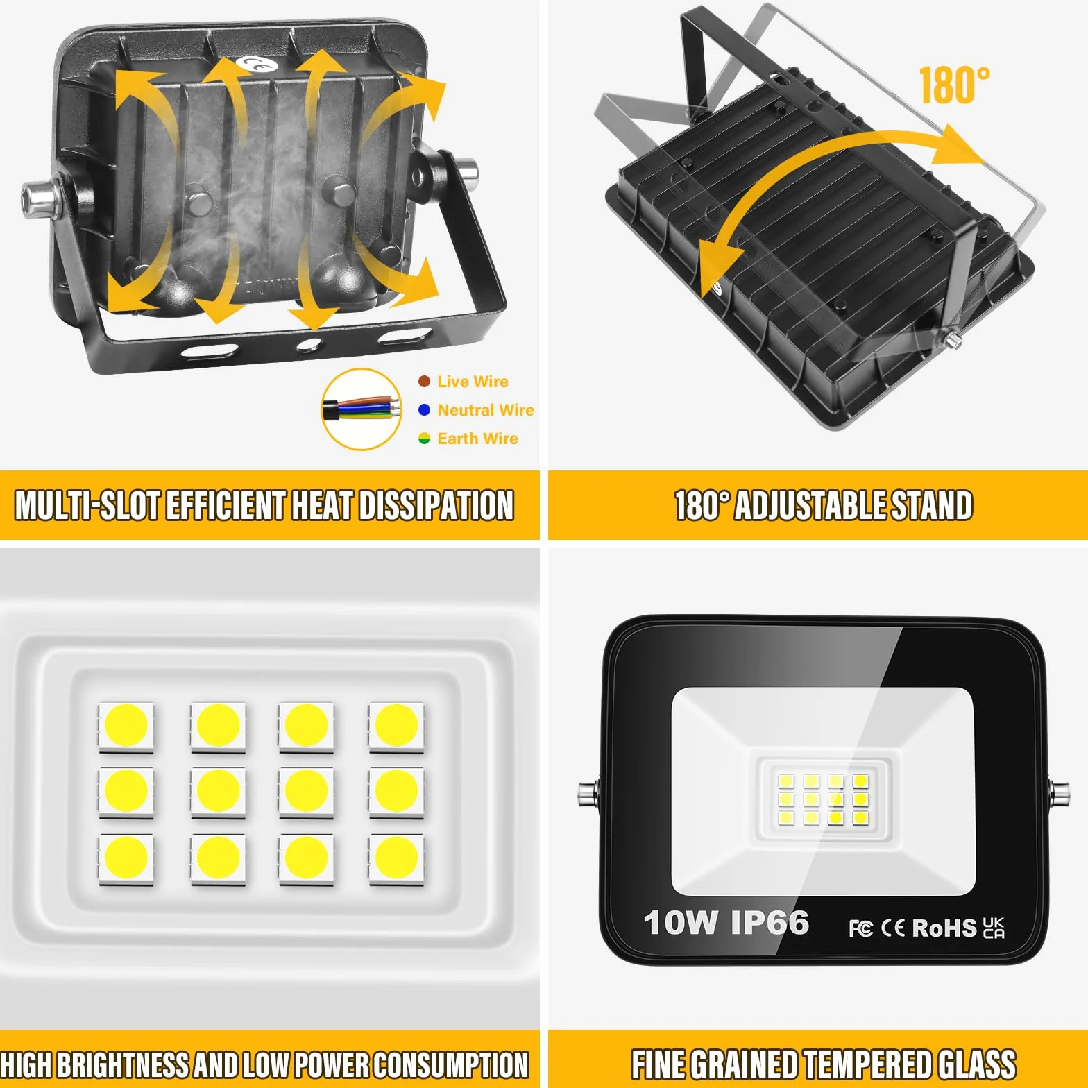 RIGIDON 2x 10W Luci da Esterno, 1000 Lumens Faretto Led, Fari di Sicurezza, Proiettore Led Esterno, Faretti LED Lampada Luce Bianca Freddo 6000K, IP66 Per Giardino Cortile Garage Piazza Officina