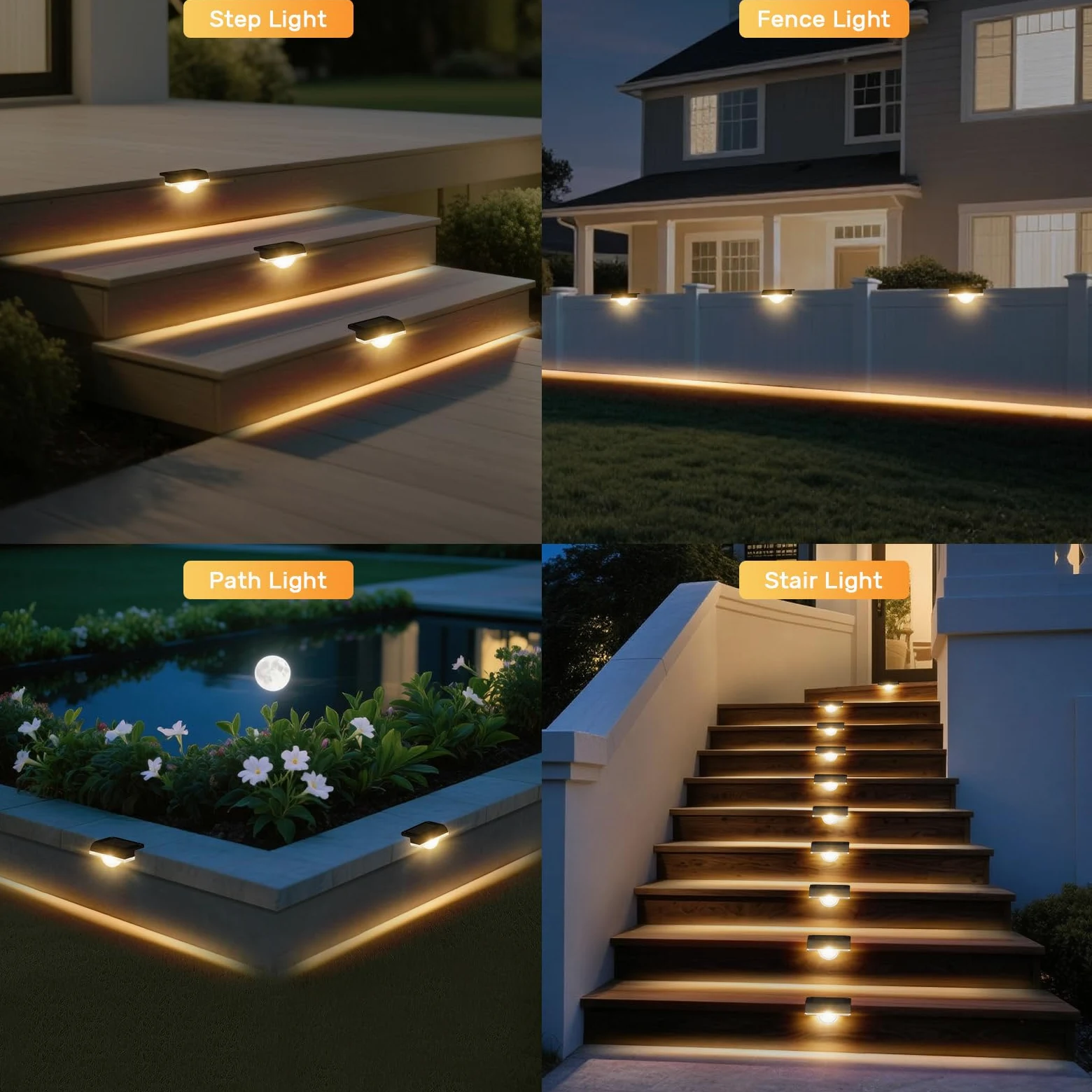 A.bigwhale Lampade solari per esterni, luce solare per scale luci solari impermeabili, lampada da esterno per gradini recinzione giardino cortile patio balcone decorazione, 4 pezzi