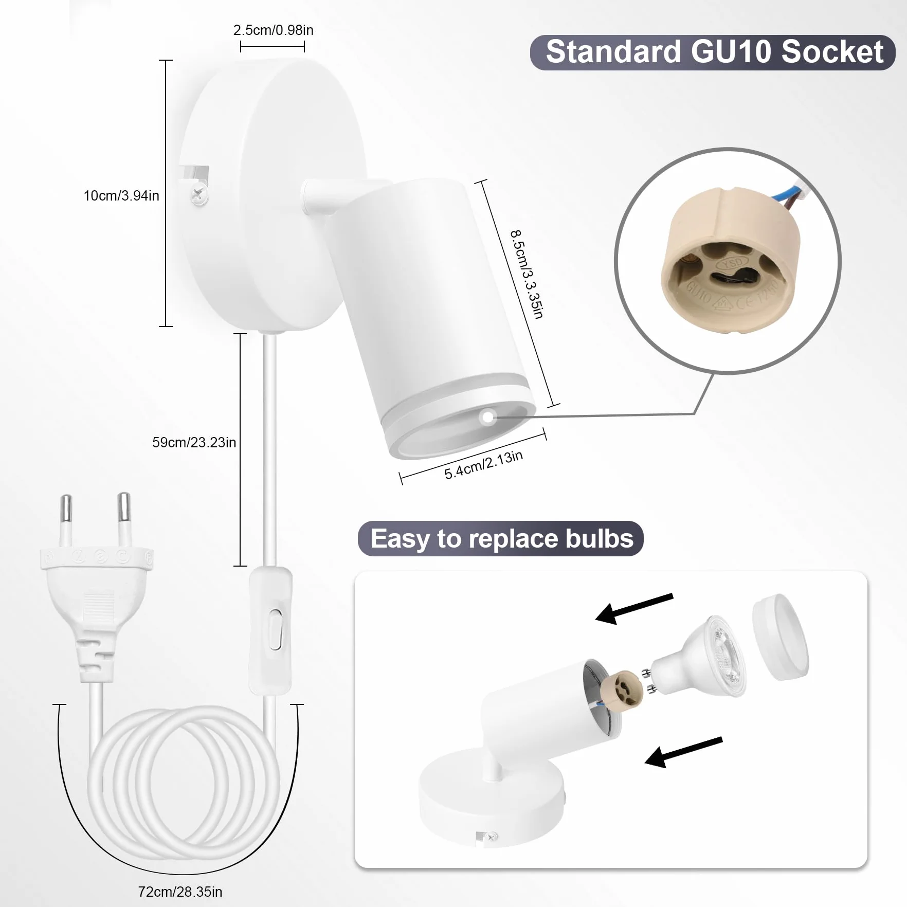 Applique da Parete Interno Moderna, Bianco Applique LED da Parete Orientabile, GU10 Lampada da Parete Interno con Spina Interruttore, Alluminio Lampade da Muro per Camera da Letto Soggiorno