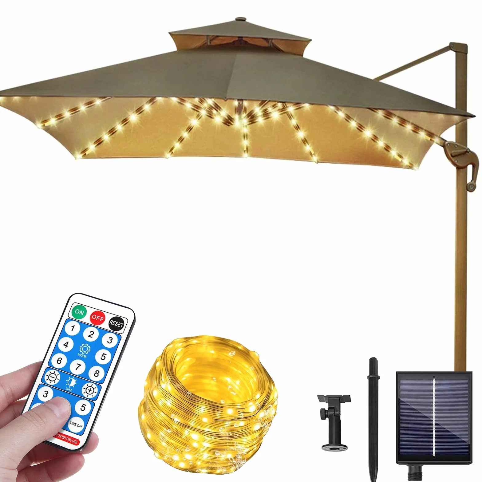 Catena di luci per ombrellone solare, 104 LED, illuminazione solare con telecomando, 8 modalità, ombrello, catena luminosa, luci da giardino impermeabili per tende da campeggio, decorazione per