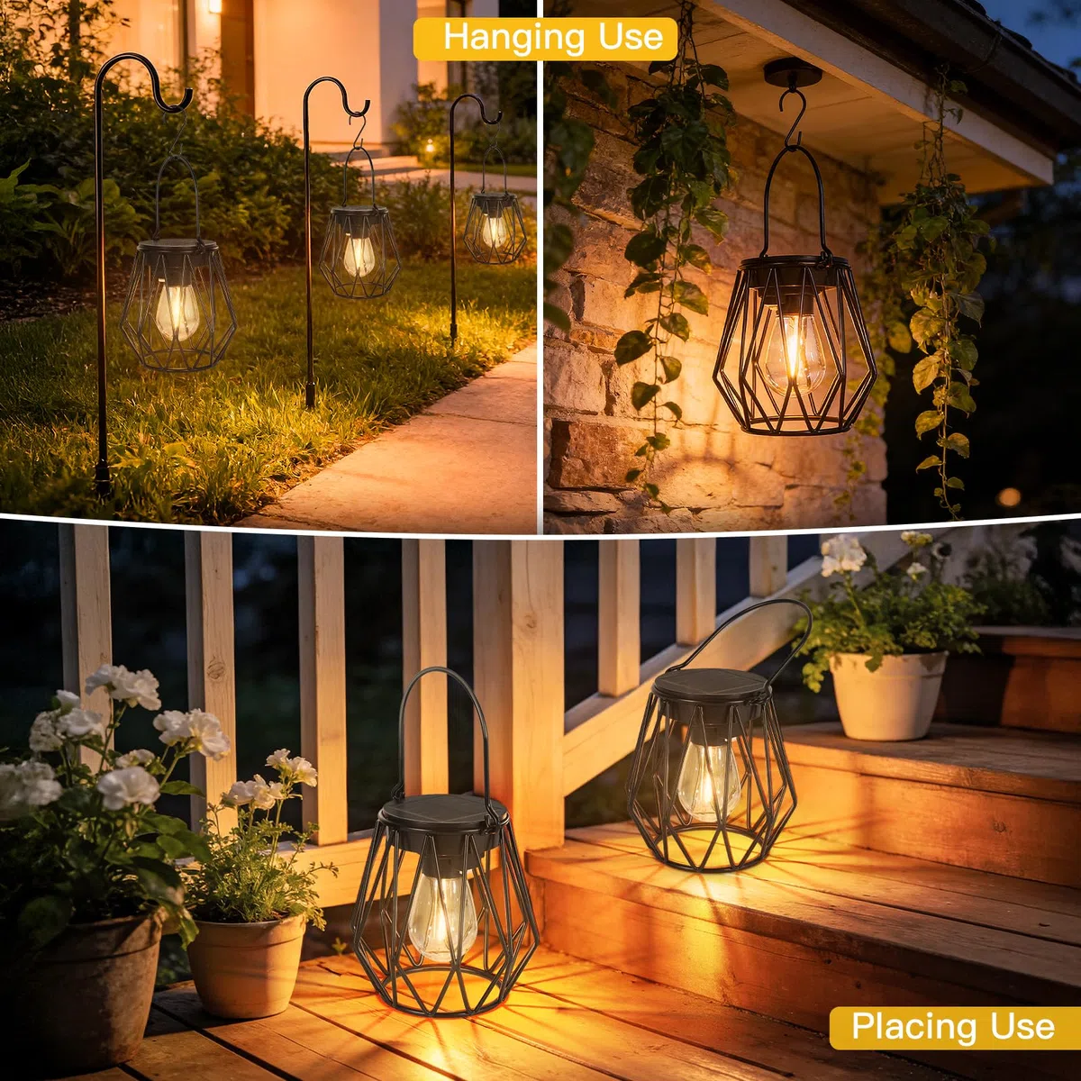 TaoFiaCo Lanterna Solare per Esterni Sospese o da Appoggio - IP65 Impermeabili Lampade Solari per Balcone - Retrò Lanterna Solare da Esterno Resistente alle Intemperie Giardino Terrazze 2 Pezzi