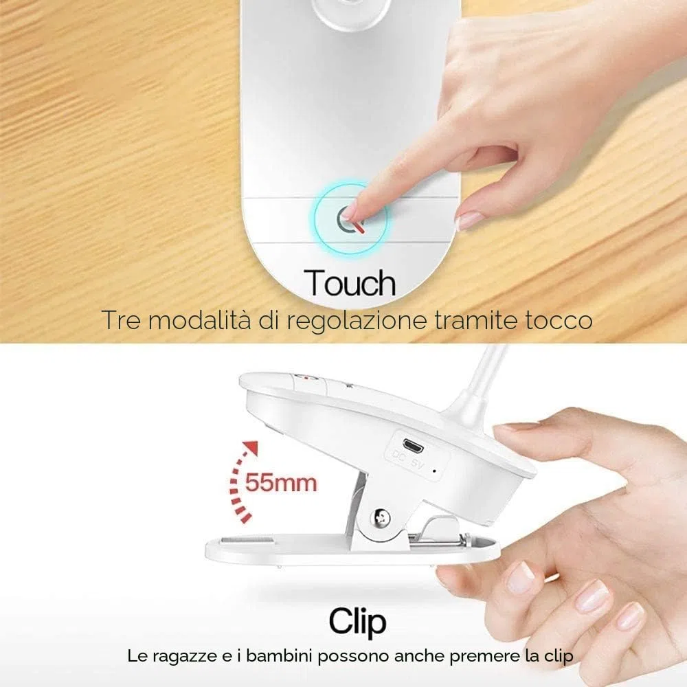 Lampada da lettura a clip, alimentata a batteria, luce a clip per letto con 3 livelli di luminosità, ricaricabile tramite USB, lampada da lettura