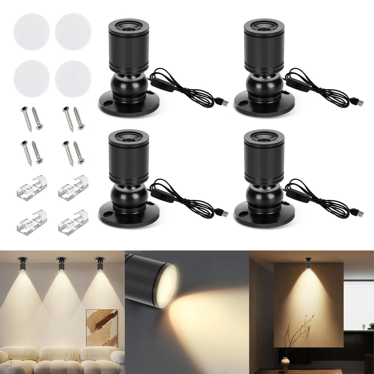 4PCS Mini Faretti a Spot, USB 5V 1W Vetrina per Gioielli Luci LED Spot, Piccola Luce D'accento, Faretti da Lncasso a LED per Vetrine, Gioielli, Armadi, Modelli