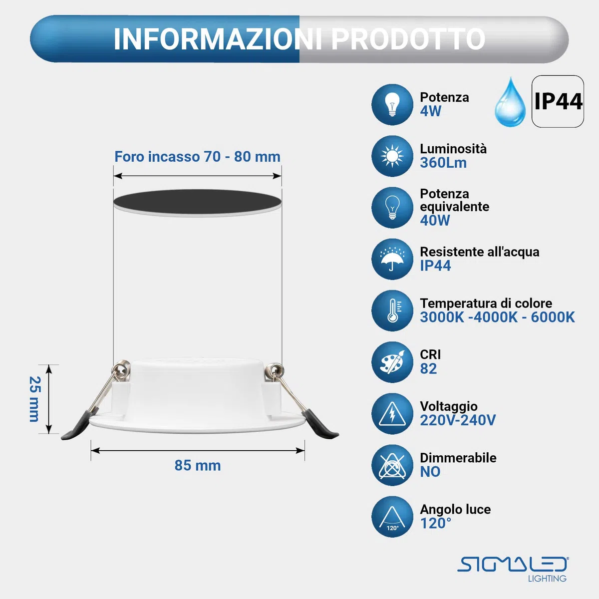 Sigmaled lighting – 6 Faretti LED da Incasso 4W, Spot Ultra Slim 360 lm, 3 Colori Luce Calda Naturale Fredda, IP44 Bagno Interno Esterno Coperto, Cartongesso Soffitto, Foro Ø70–80 mm, 220–240V