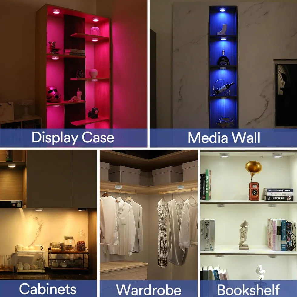 Onumii Luce LED Sottopensile Cucina Luci LED a Batteria Adesive con Telecomando, Luci LED Colorate RGB Luce Notturna per Armadio, Libreria, Scaffale, Pacco da 2 - Bianco