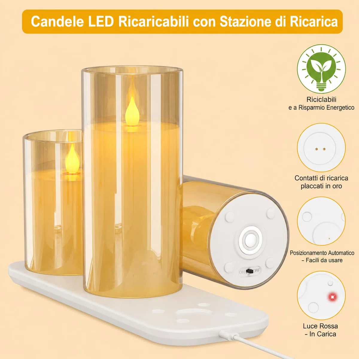 Generico Candele LED Ricaricabili Senza Fiamma in Vetro Giallo, Set 3 Pezzi con Telecomando, Timer 2/4/6/8H e Base di Ricarica USB, Effetto Fiamma Realistico per Casa e Decorazioni