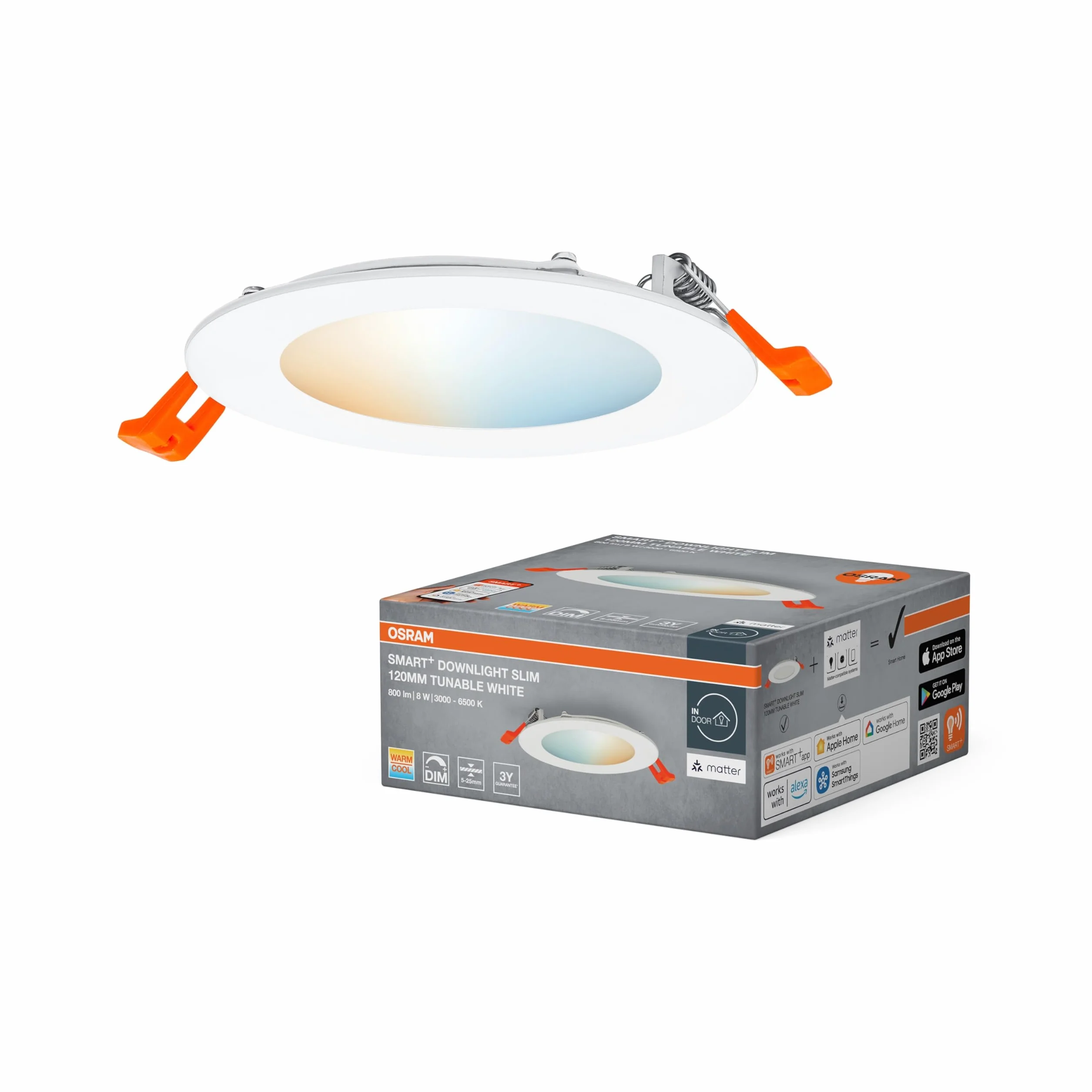 OSRAM SMART+ Matter Recess Slim LED Faretto da Incasso Bianco 120mm, 8W, 550lm, TW 3000-6500K, Matter WiFi, Alexa, Incassato