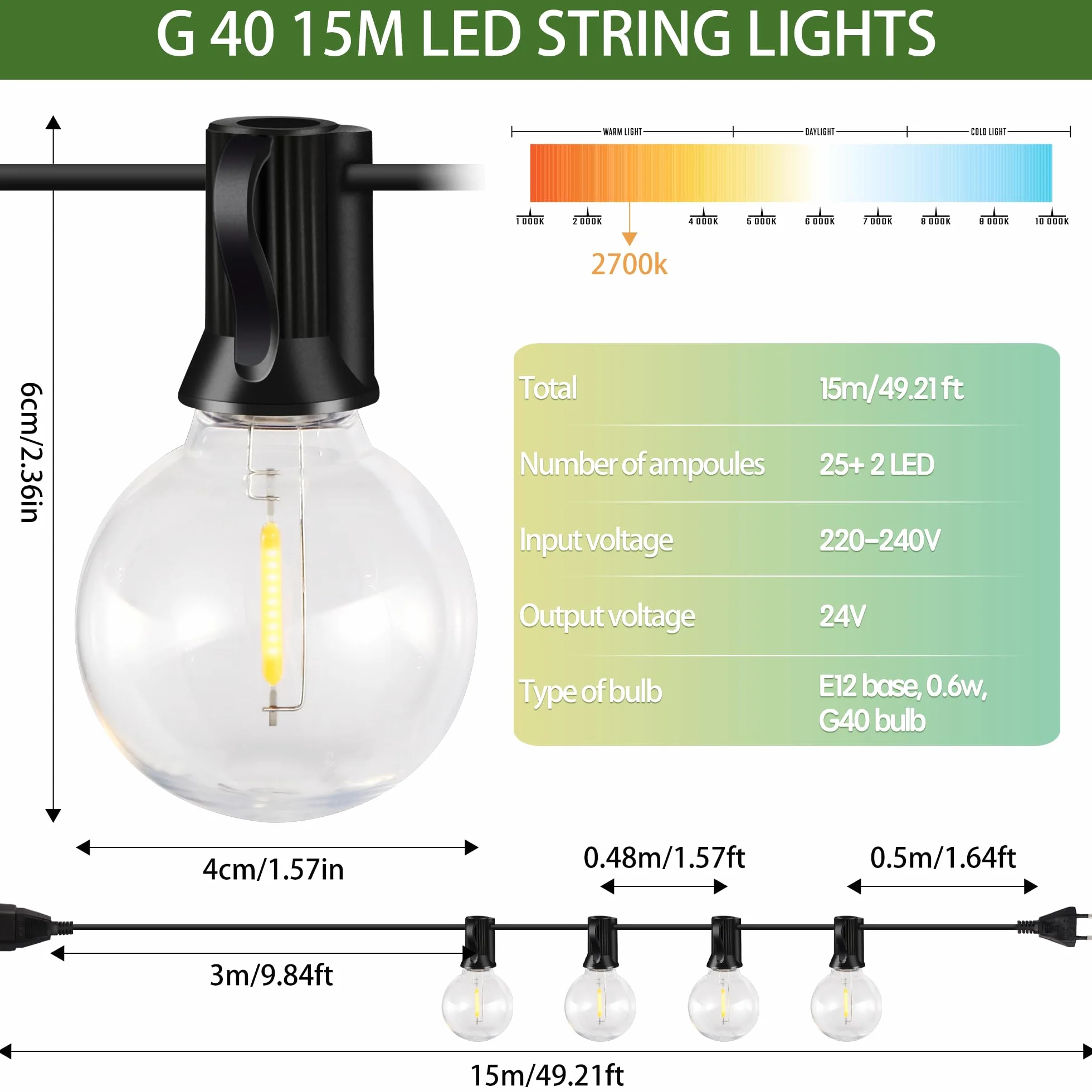 Catena Luminosa Esterno15M, G40 LED Luci da Esterno Giardino Luce da esterno Giardino Impermeabile IP44 Luci Esterno, Adatta per Festival, Matrimoni, Feste, Giardini, Terrazze
