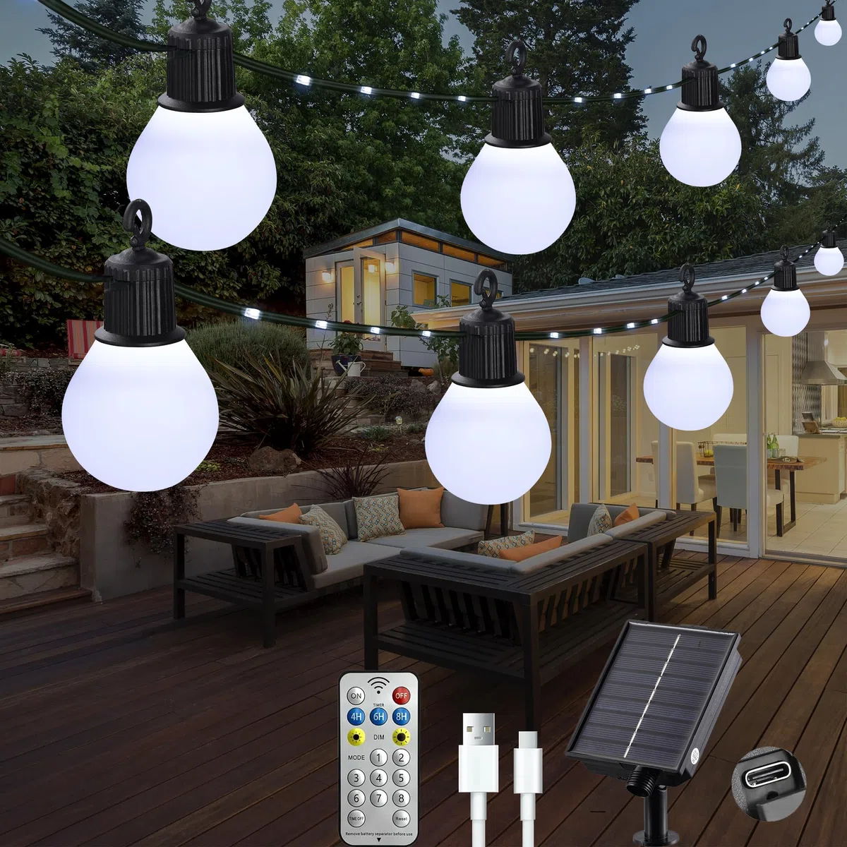 Catena Luminosa Esterno Solari con 20 G40 Lampadine, 10M 100 LED Luci Esterno Solari con Telecomando, Impermeabile, 8 Modi, Decorative Per Giardino, Patio (Bianco Freddo)
