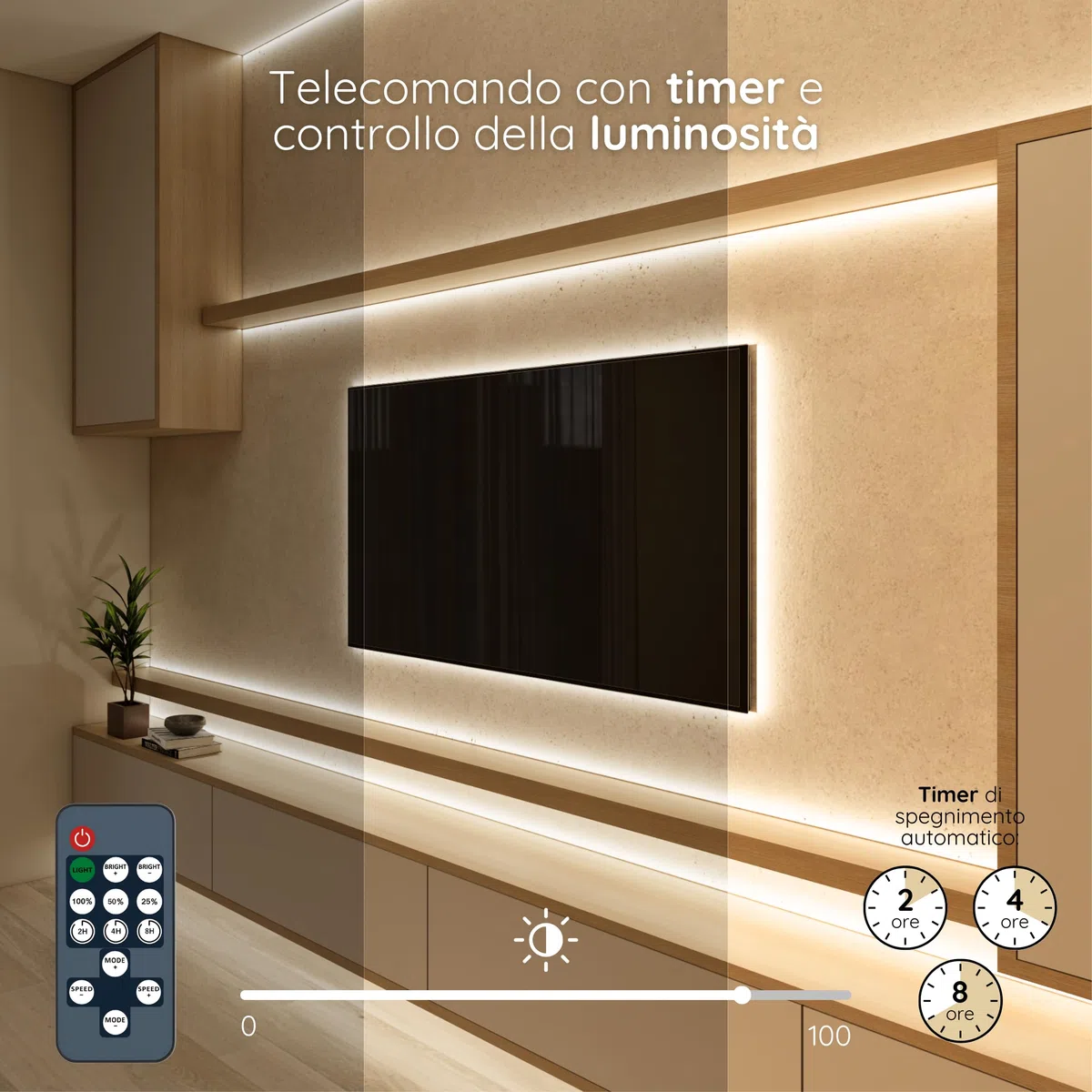 Striscia LED COB 2 Metri Bianco Naturale, Luci LED Strisce Sottopensile Cucina, Camera e TV Light Strip. Luce Interne Adesive Dimmerabili, 480LED/m, 4000K. Include Telecomando, Trasformatore 24V