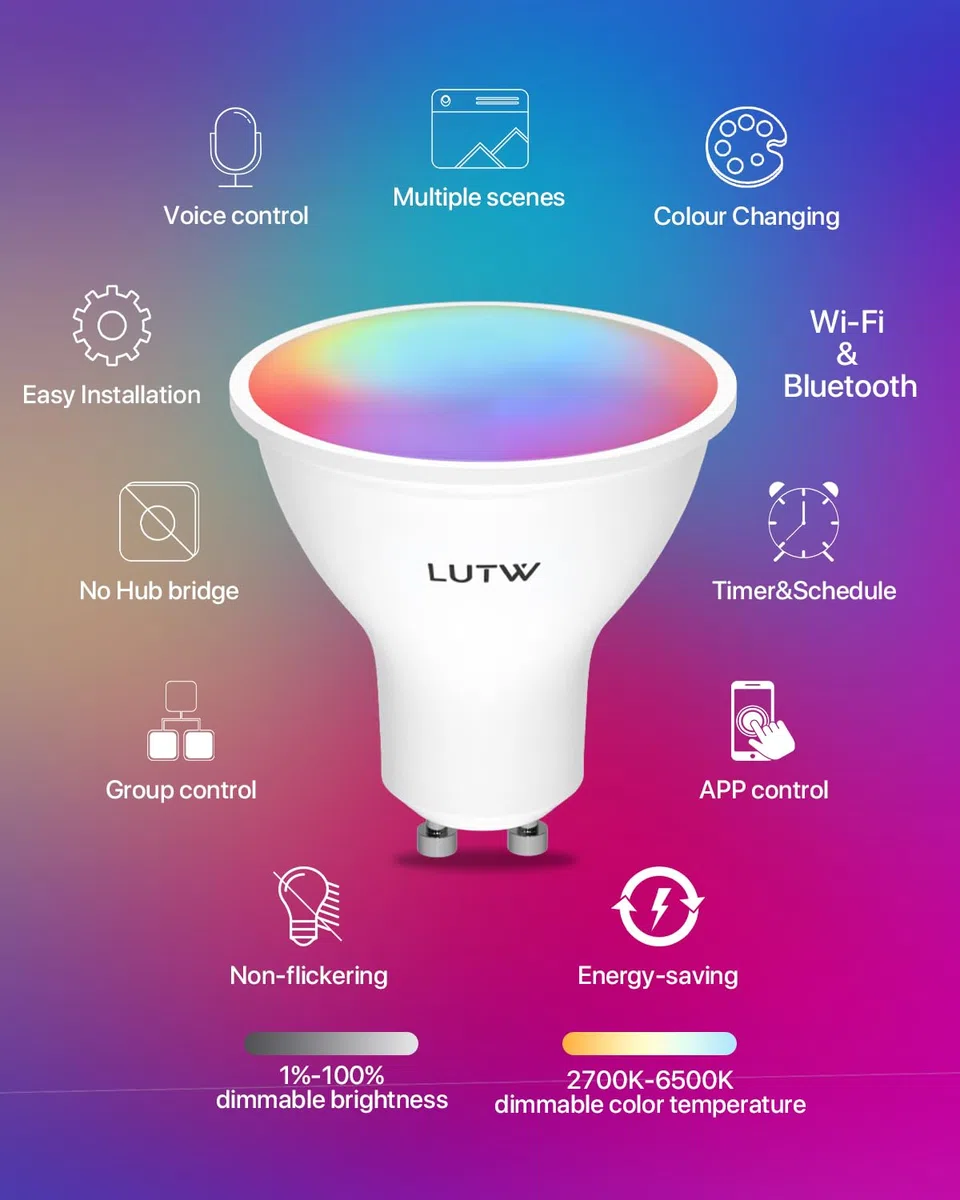 Lampadine Smart Alexa GU10, Dimmerabile Lampadina Smart GU10 5W, Compatibile con Alexa/Google Home, 450LM Faretti Lampadina WIFI GU10, RGB & 2200K-6500K Bianco Freddo Caldo, 2 Pezzi