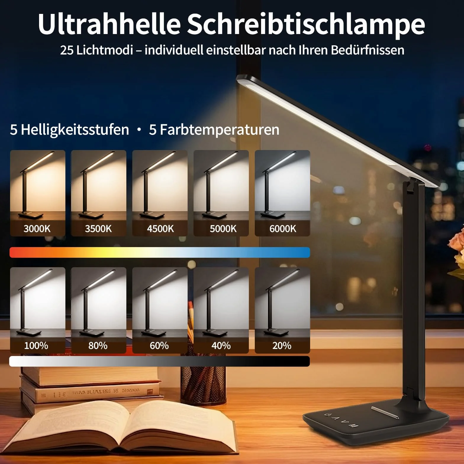Lampada Da Scrivania LED, Lampada Da Comodino Dimmerabile Con Luce Delicata Per Gli Occhi E Porta Di Ricarica USB, 5 Modalità Di Luce E 5 Livelli Di Luminosità, Luce Da Lettura Per Studio