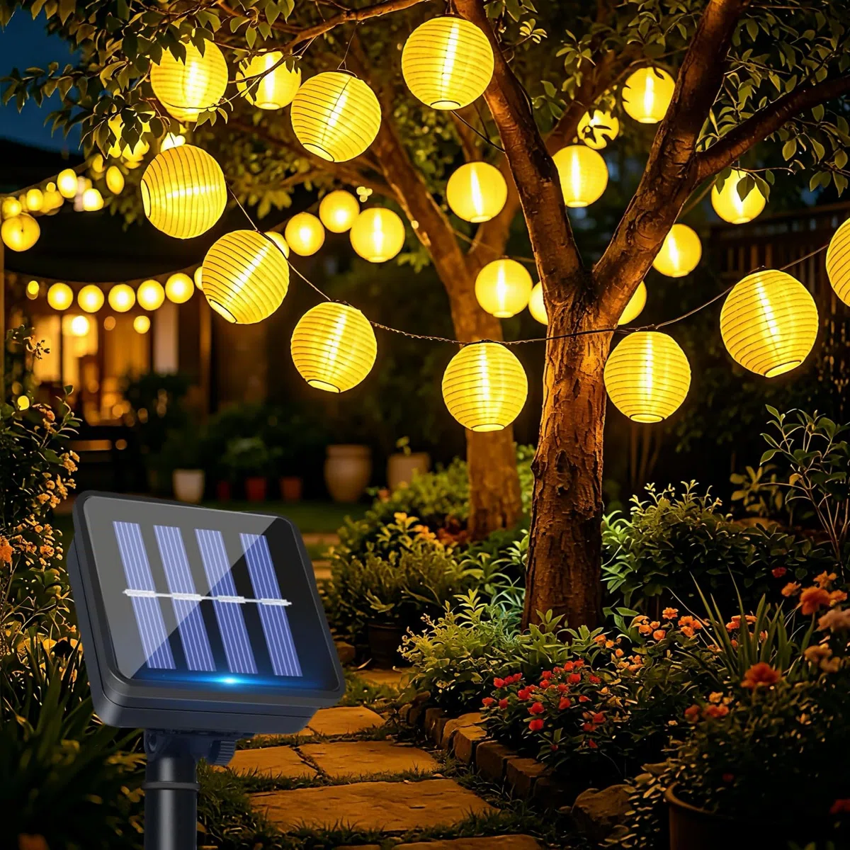 Catena Luminosa Esterno Solare Lanterne, 8M 30LED Luci Solari Esterno Lanterne, 8 Modalità IP65 Impermeabile Decorative Stringa di Luci per Giardino, Balcone, Patio, Natale, Festa (Bianco Caldo)
