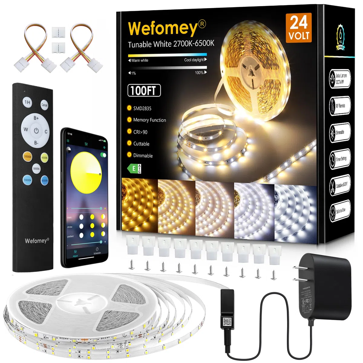 Wefomey Striscia luminosa a LED bianca, 100 piedi dimmerabile, 24 V, con controllo remoto e app, 2700 K - 6500 K, 1440 LED, per camera da letto, cucina, appartamento (1 rotolo o 100 piedi)