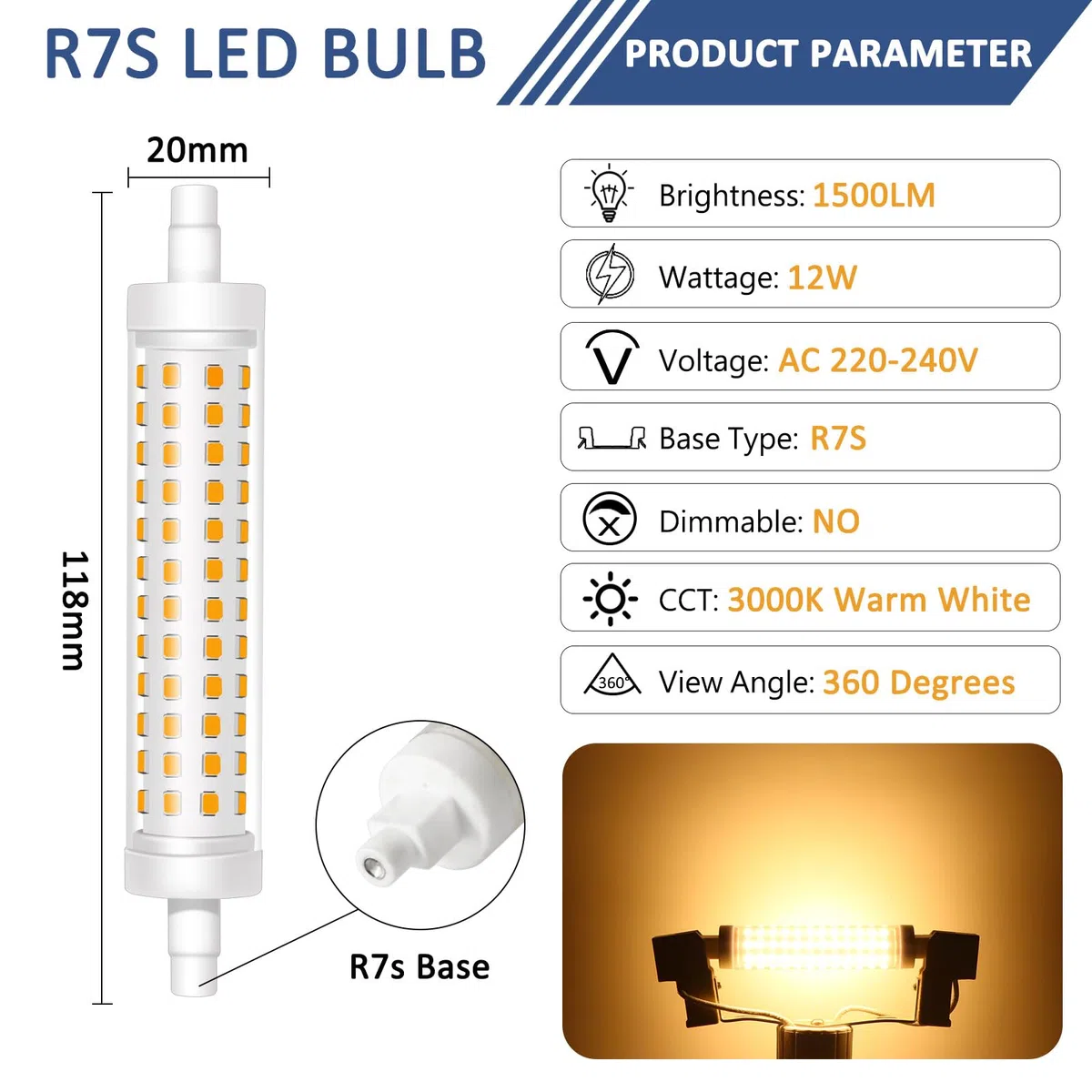 Caldarax Lampadina R7S LED 118MM, Bianco Caldo 3000K, 12W LED R7S Lampadina Lineare J118 Equivalente 120W Lampada Alogena, Non Dimmerabile, 360 Gradi, AC 220V-240V, 1500LM, 2 Pezzi