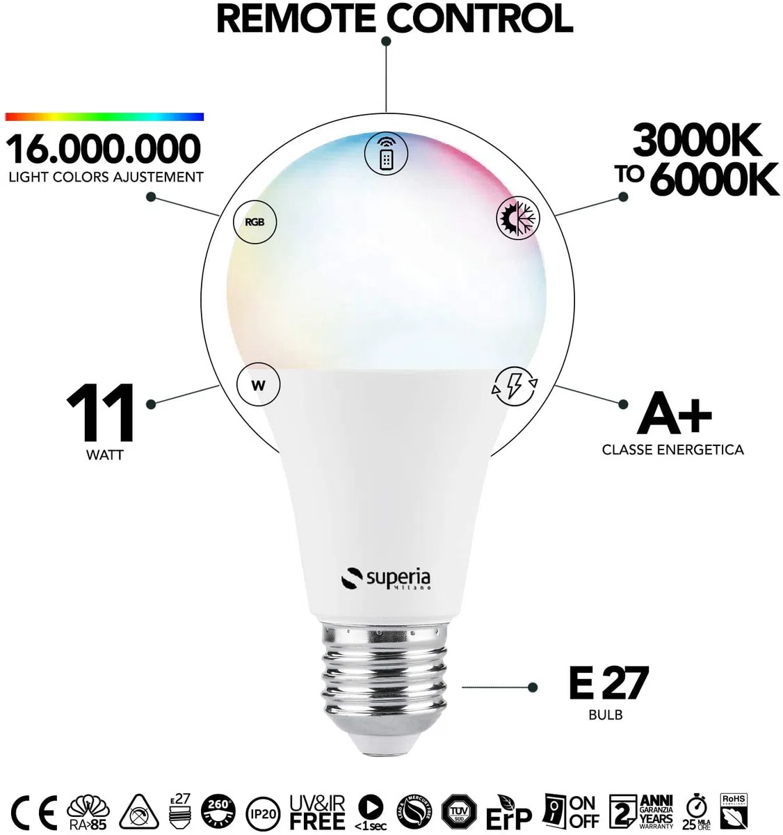 Superia Milano Lampadina SMART RGB + Bianco regolabile (2700K - 6500K) dimmerabile, Wi-Fi, Compatibile con Google Home, Alexa, E27, 11W, 1050lm, 2 Pezzi, KCCT2